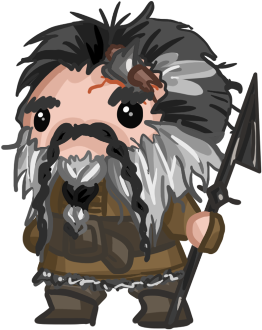 Hobbit 桌布 壁紙 — 一個帶有狂野灰髮和鬍鬚的Q版戰士，在黑色背景前手持長矛。