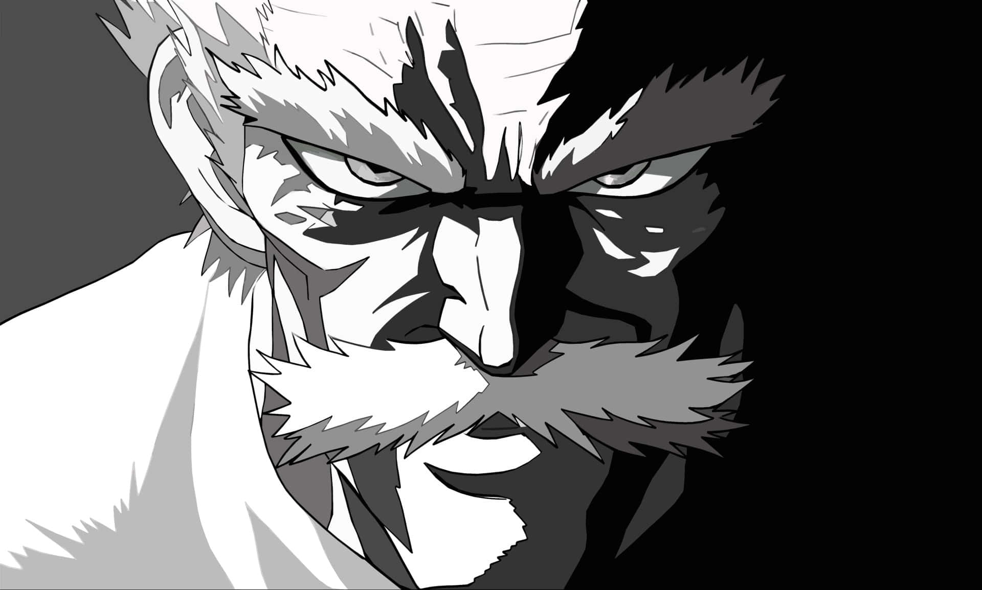 One Punch Man Bang 桌布 壁紙 — 一個帶有狂野白髮和鬍鬚的威嚇動漫男子，在鮮明的黑白背景下強烈凝視。