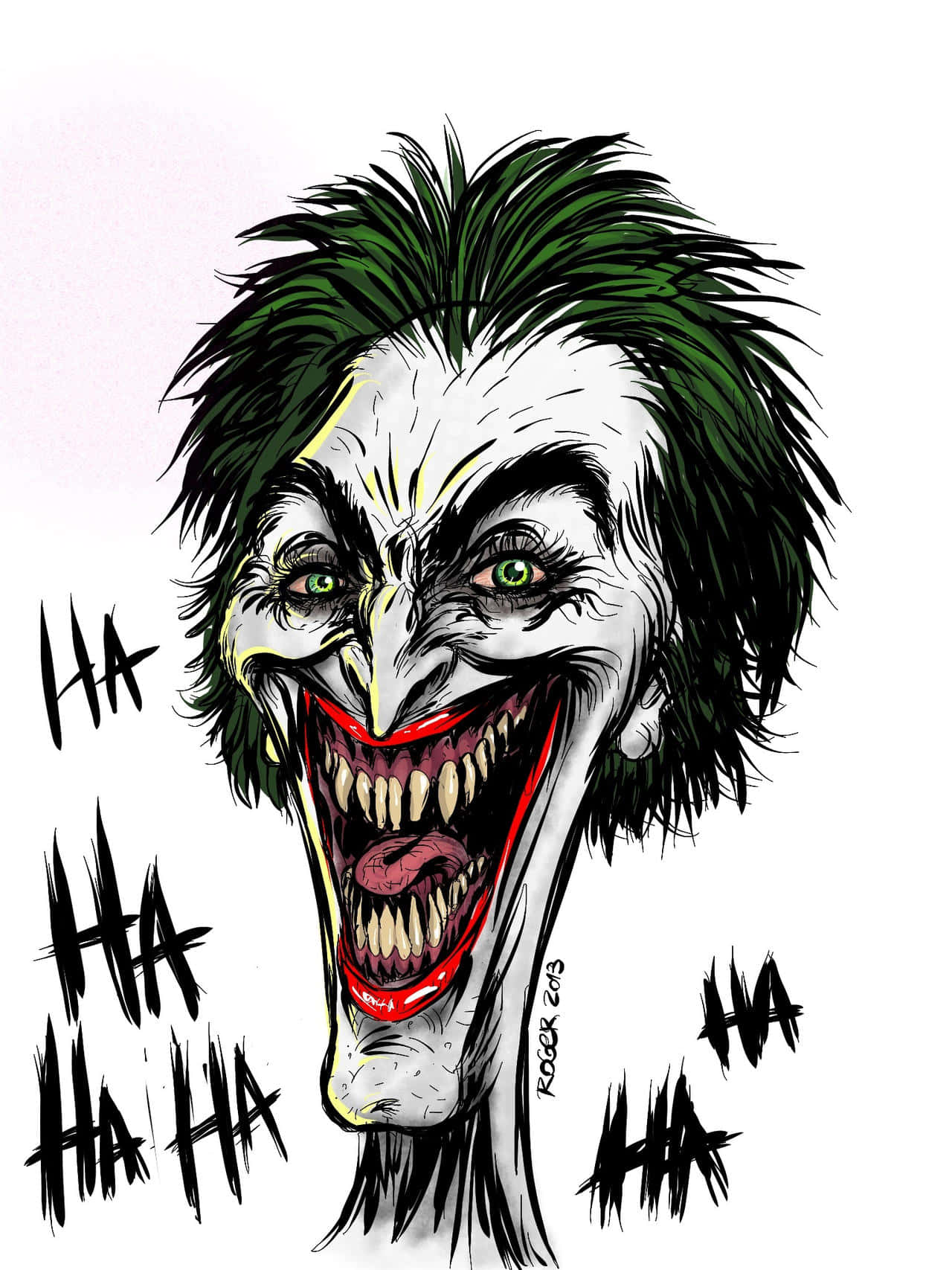 Laughing 桌布 壁紙 — 一個帶有狂野綠髮和寬闊血紅笑容的威脅性卡通小丑，在純色背景上瘋狂大笑。