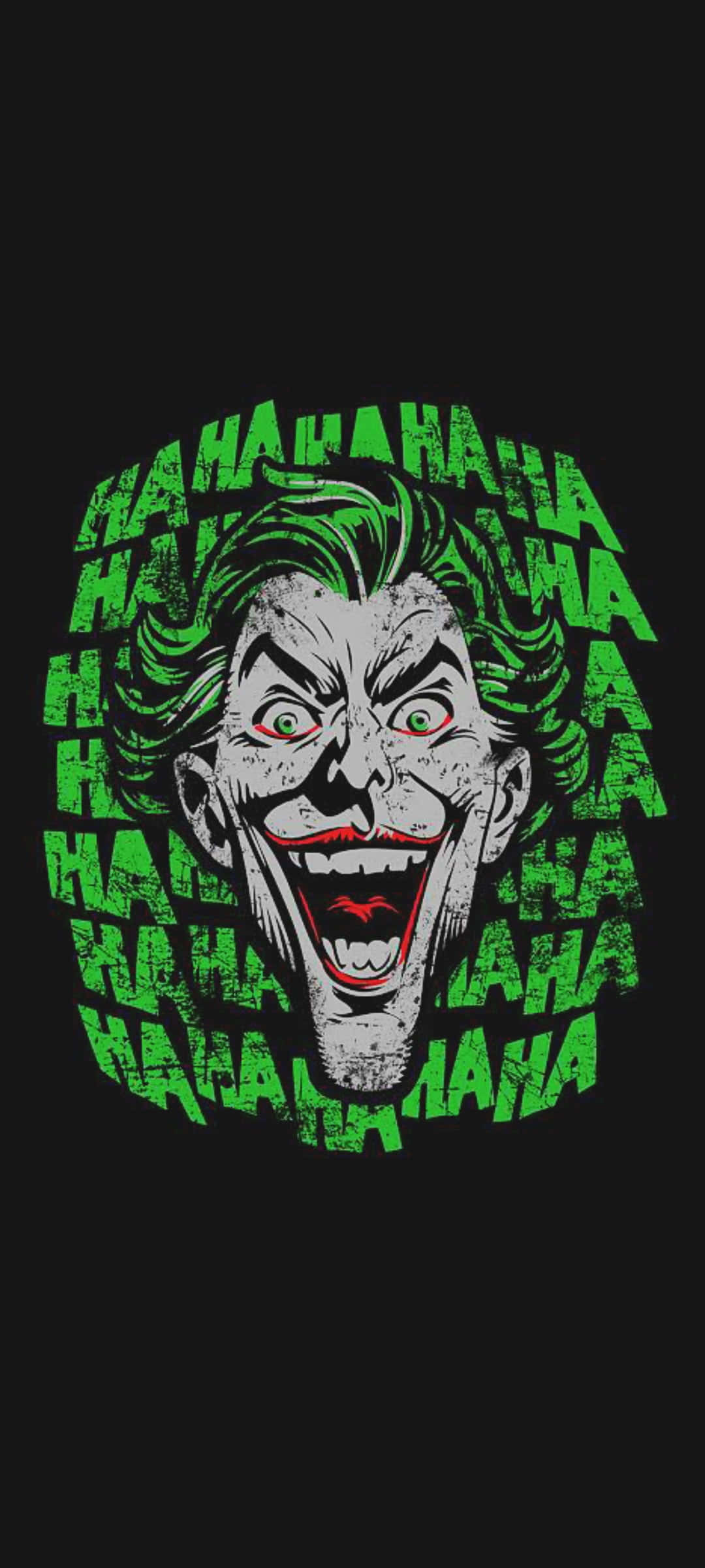 Joker Laughing 桌布 壁紙 — 一個帶有狂野綠髮和紅唇的威脅性小丑面孔，在黑色背景上被重複的綠色「HAHAHA」文字包圍，瘋狂地大笑。