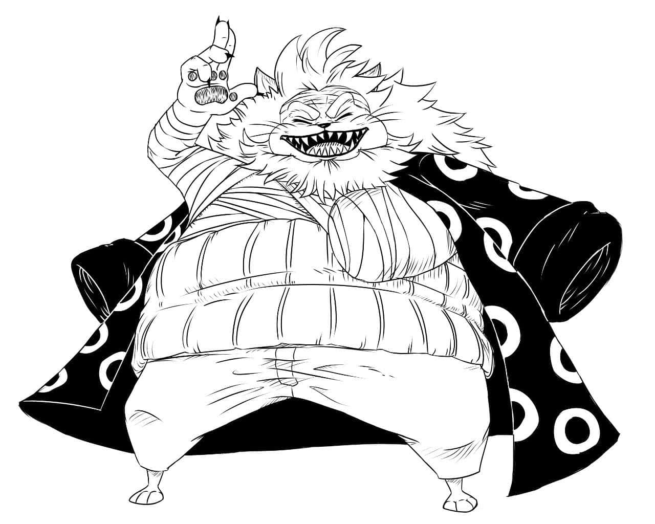Nekomamushi 桌布 壁紙 — 一個帶有狂野頭髮和尖銳牙齒的威脅性動漫角色，以大膽的黑白線條藝術風格擺出挑釁姿勢。