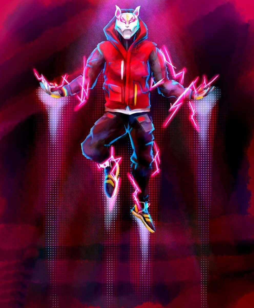 Fortnite Drift 桌布 壁紙 — 一個帶有狐狸面具和發光粉紅色能量的霓虹燈人物，在黑暗的數位背景下擺出動態姿勢。