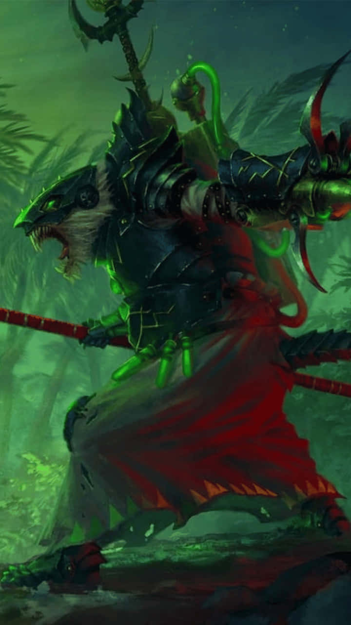 Android Total War Warhammer Ii 桌布 壁紙 — 一個帶有狼頭的可怖裝甲戰士在陰森綠光下的黑暗叢林中揮舞著發光的綠色武器。