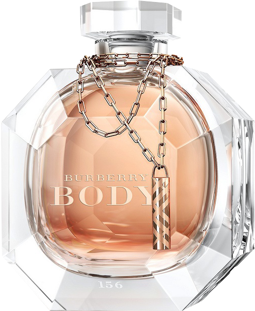 Perfume Bottle 桌布 壁紙 — 一個帶有玫瑰金色液體的刻面水晶香水瓶，以及一條鏈條項鍊吊墜，置於黑色背景前。
