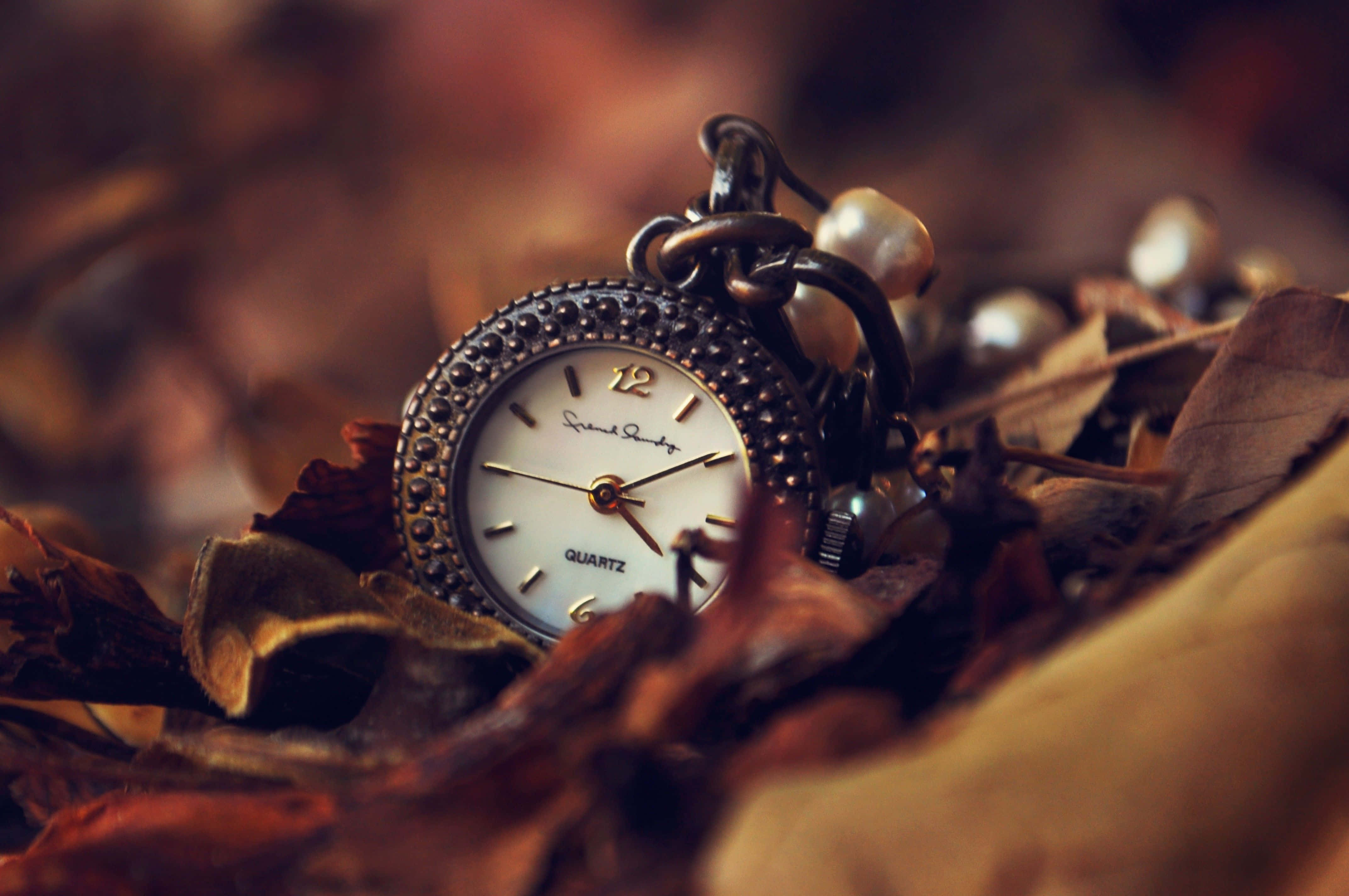 Clock 桌布 壁紙 — 一個帶有珍珠鏈的古董懷錶，在柔和焦點中安放在暖色調的秋葉之間。