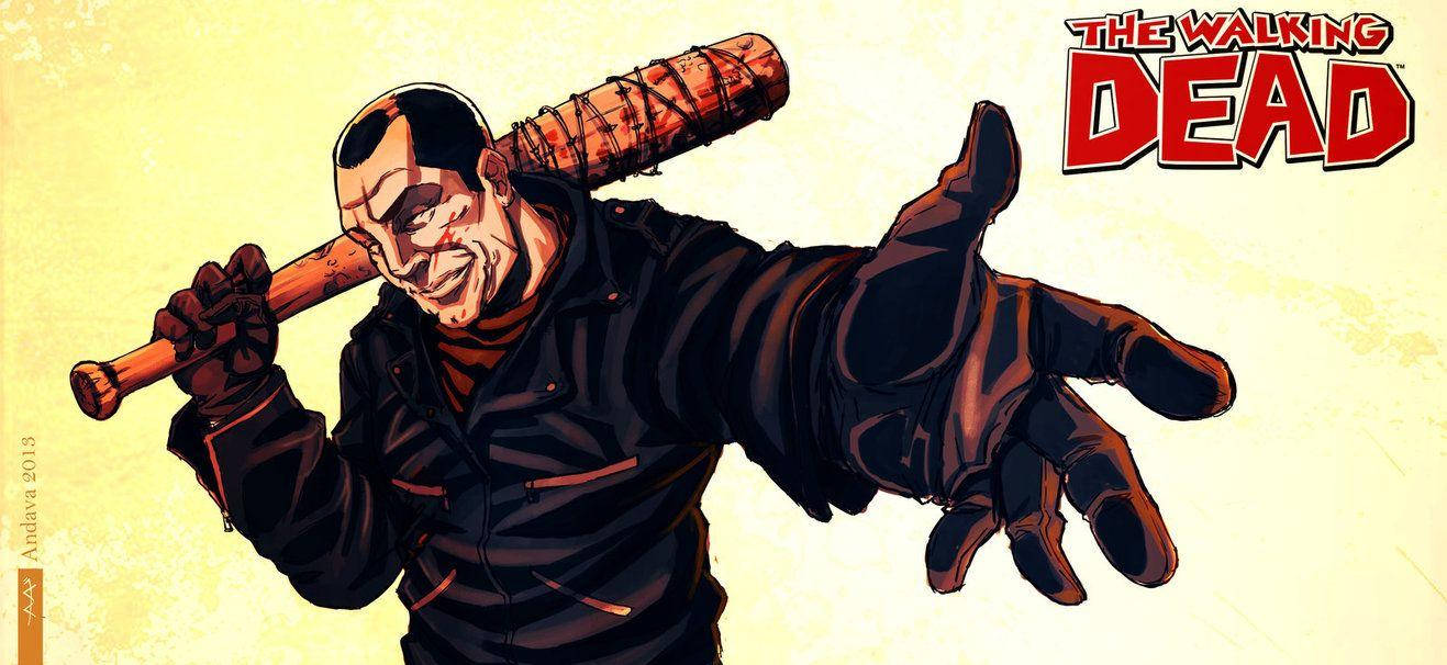 Negan 桌布 壁紙 — 一個帶有疤痕臉孔的威脅性男子，在黃色紋理背景上揮舞著沾滿血跡的棒球棍。