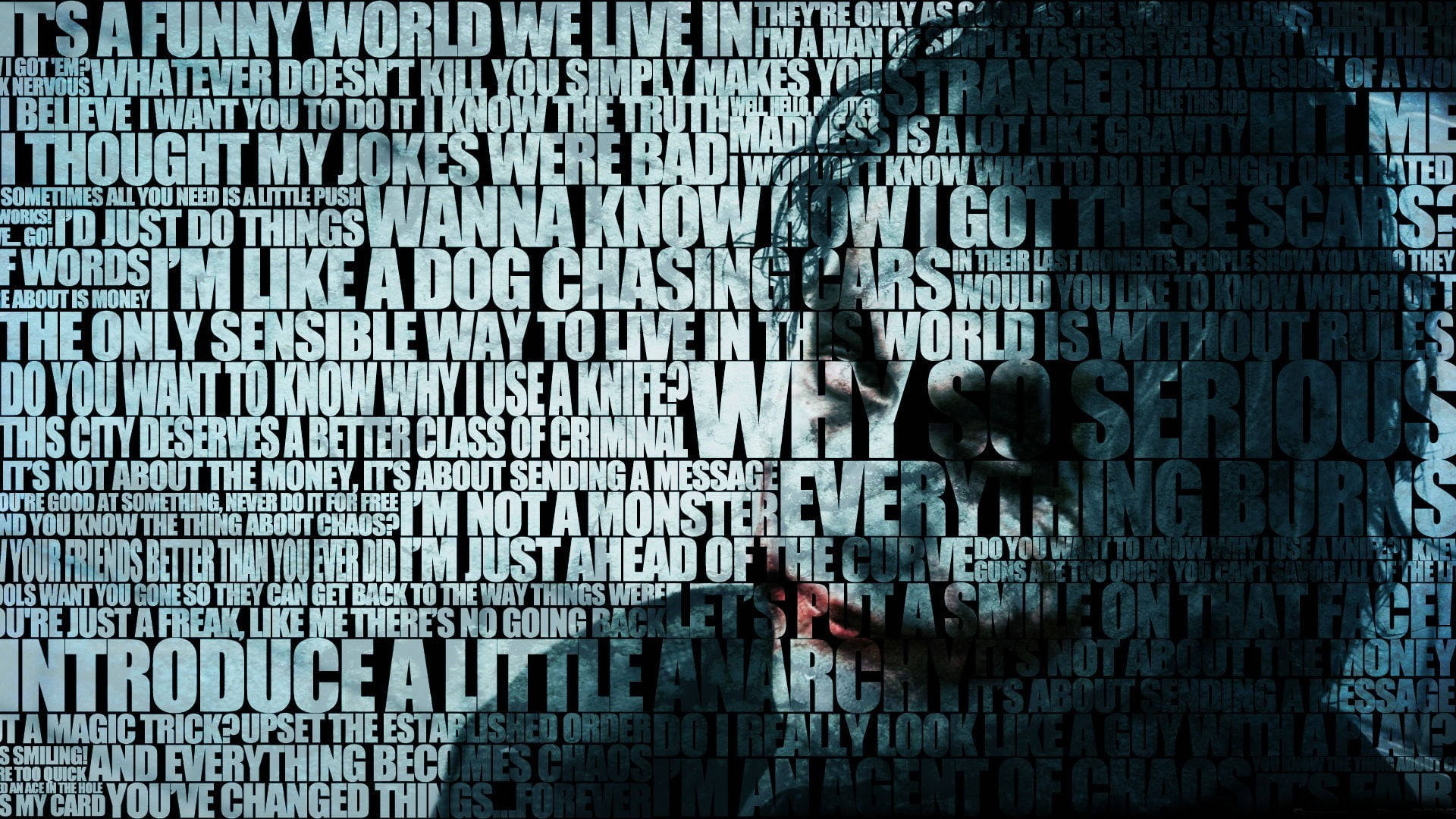 Heath Ledger Joker 桌布 壁紙 — 一個帶有疤痕面孔的人的詭異剪影，從由藍色和灰色碎片組成的密集黑暗文字拼貼中浮現。