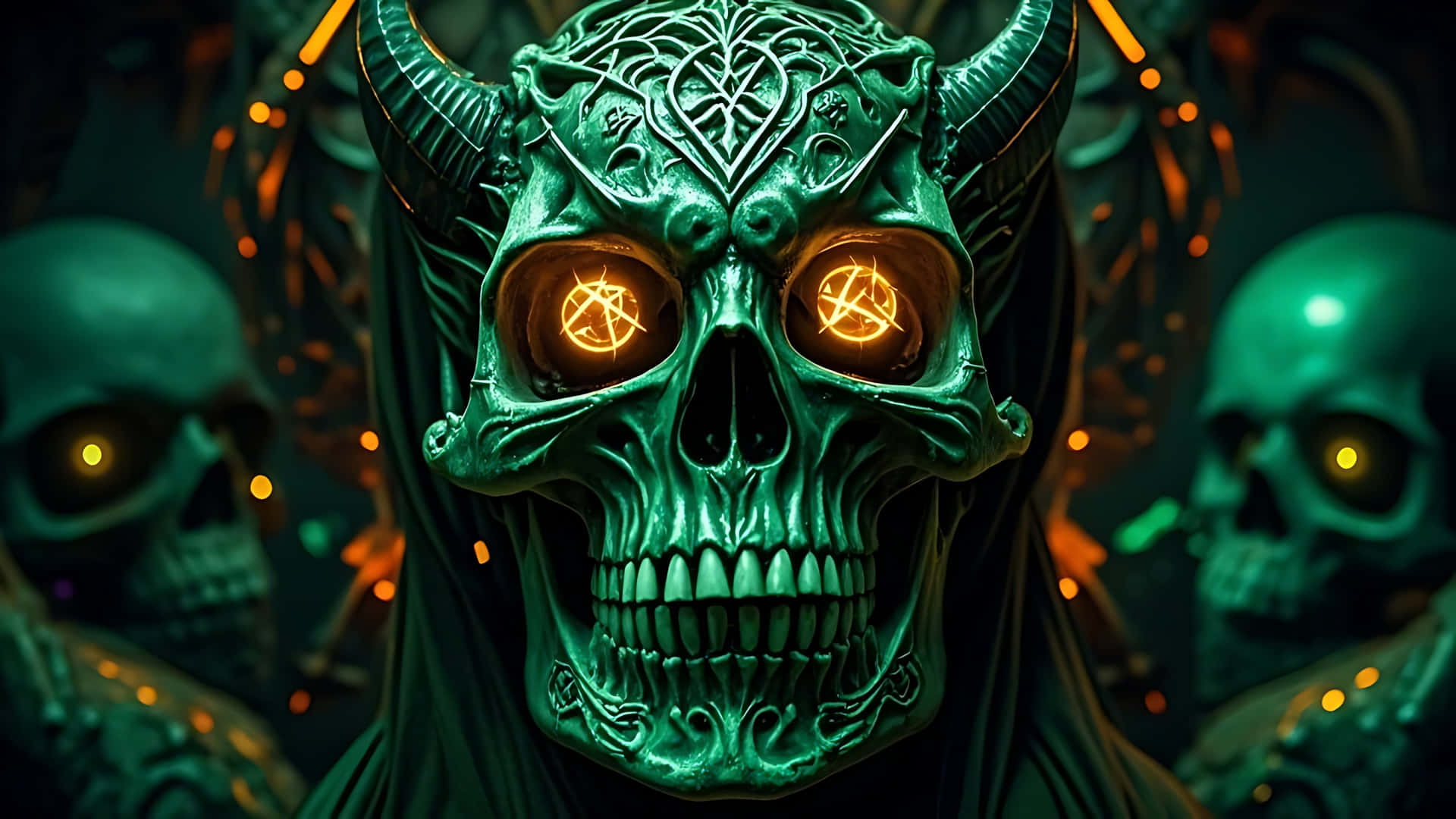 Demonic Skull with Possessed Aura. ghost wallpaper 壁紙 — 一個帶有發光五角星眼睛和華麗角的綠色威脅性頭骨，在模糊頭骨和溫暖燈光的黑暗背景下隱現。