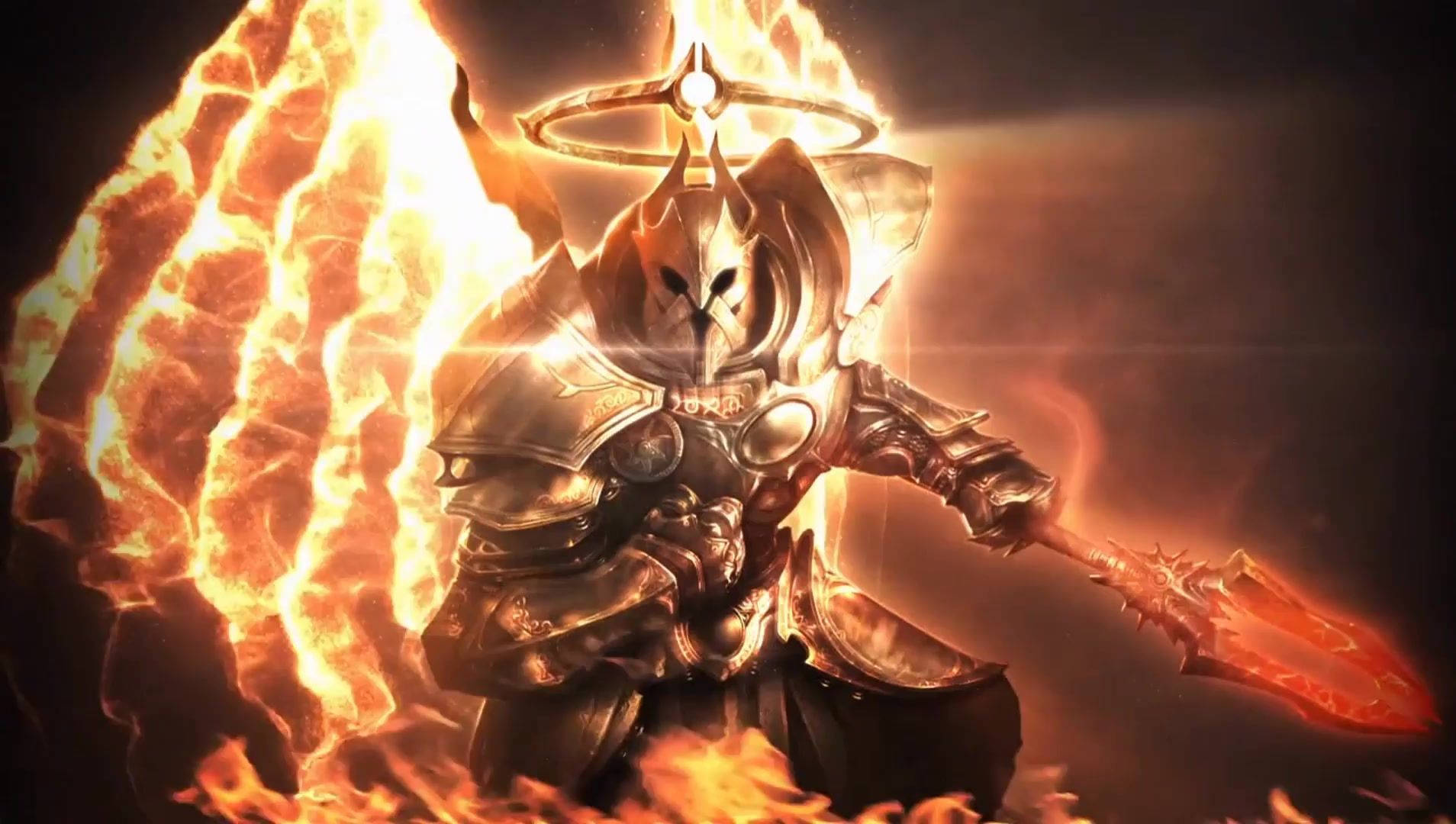 一個帶有發光光環的火焰裝甲戰士，揮舞著火焰長矛。 — Fire Emblem Warriors 壁紙