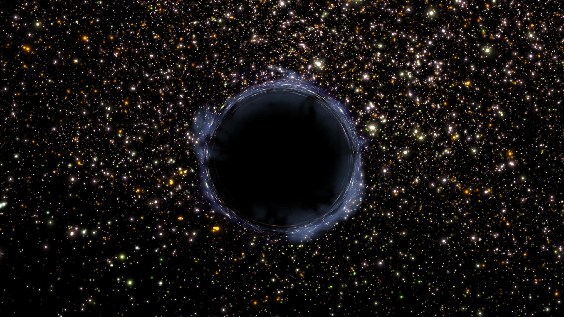 Black Hole Hubble Telescope 桌布 壁紙 — 一個帶有發光吸積盤的宇宙黑洞主導著一個充滿遙遠多彩恆星的星場。