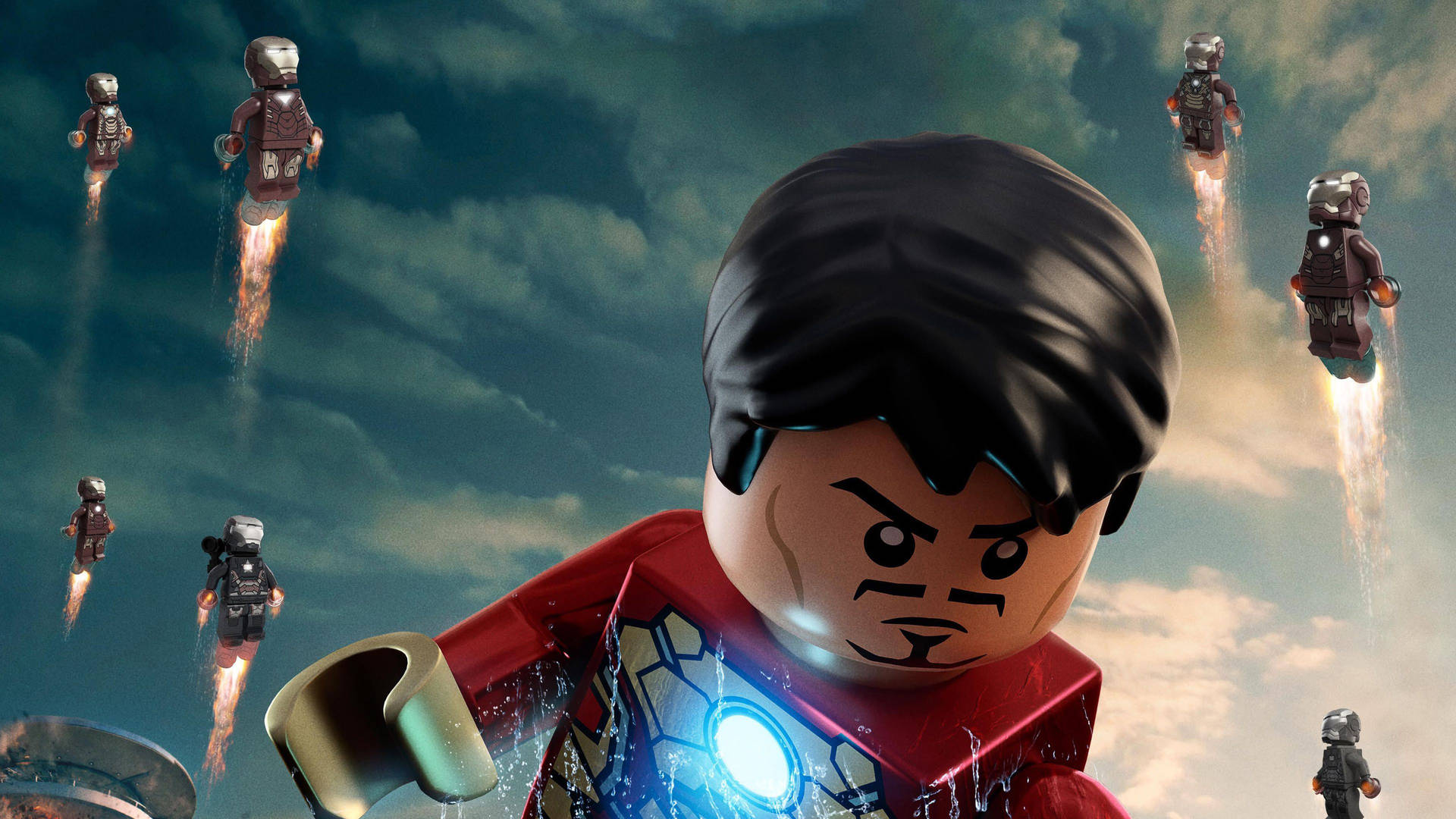 Lego 桌布 壁紙 — 一個帶有發光弧形反應器的LEGO鋼鐵人挑釁地站立，而多個LEGO鋼鐵人在陰天背景下圍繞他飛行。