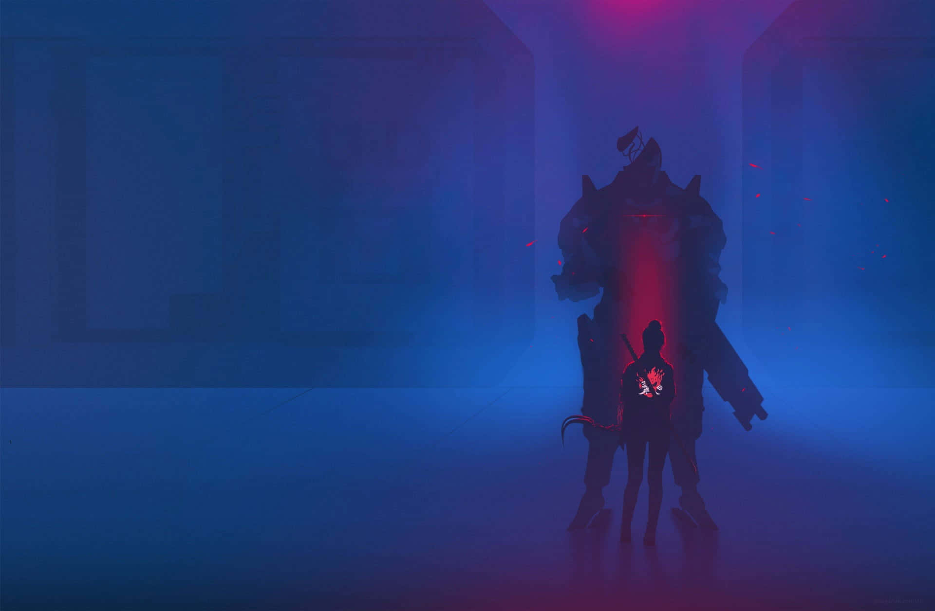 Dark Cyberpunk 桌布 壁紙 — 一個帶有發光徽章的小人物站在一個迷霧藍紅燈光走廊中的高聳裝甲剪影前。