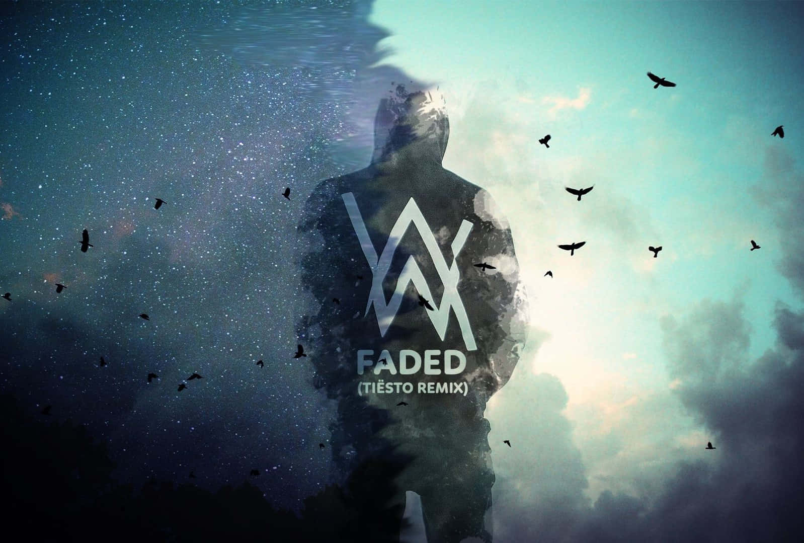 Faded 桌布 壁紙 — 一個帶有發光標誌的人物剪影站在星空與多雲的天空之間，鳥兒在周圍飛翔。