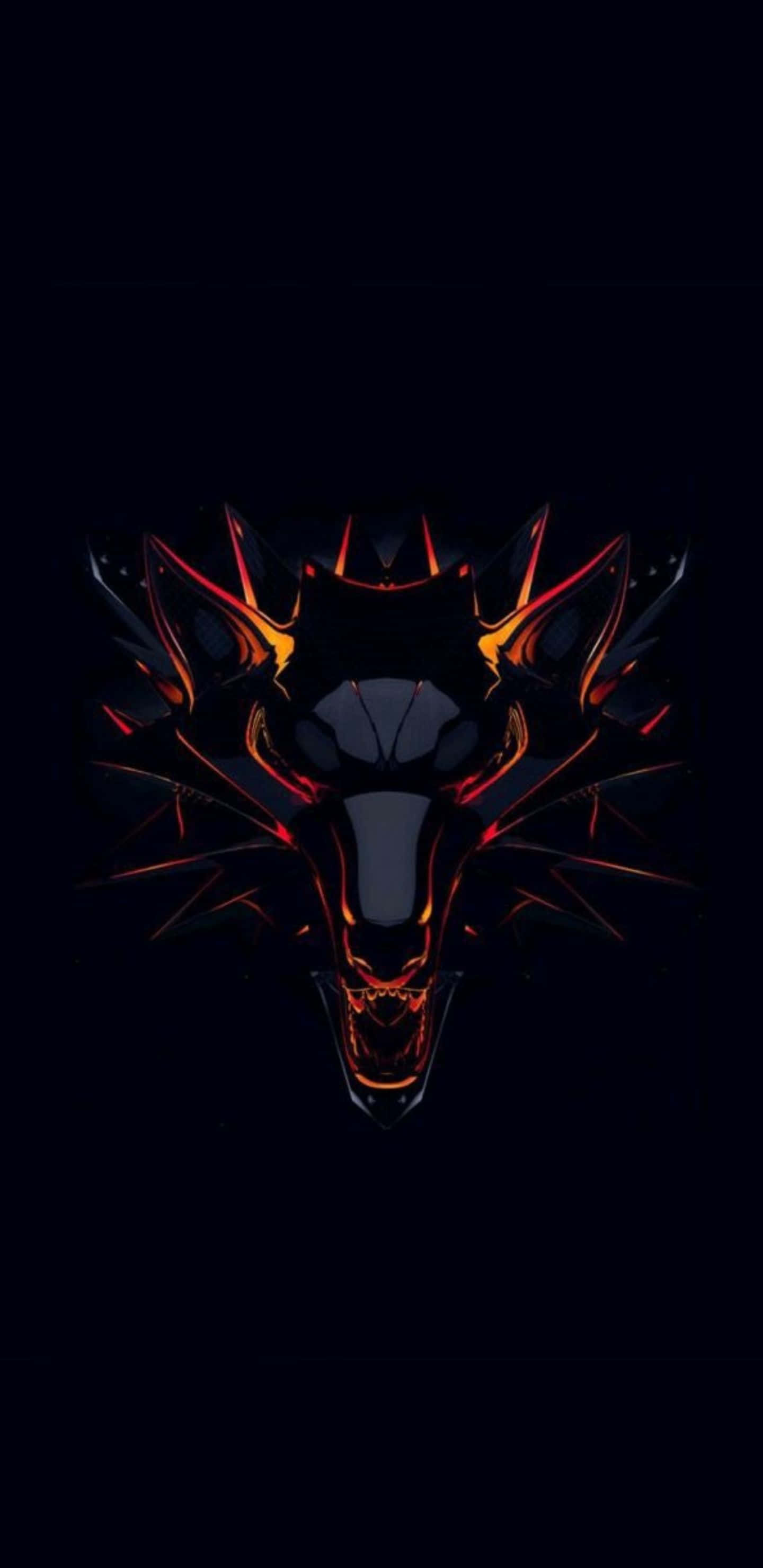 The Witcher 3 Wild Hunt 桌布 壁紙 — 一個帶有發光橙色和紅色邊緣的兇猛狼頭從黑暗中浮現，露出尖銳的牙齒，發出兇猛的咆哮。