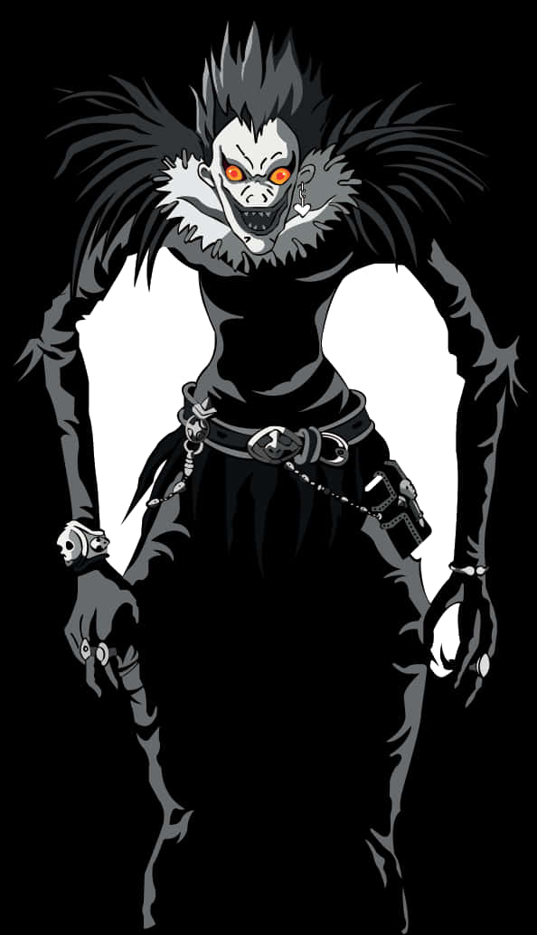 Death Note Ryuk 桌布 壁紙 — 一個帶有發光橙色眼睛和尖刺頭髮的威脅性動漫角色，站在純黑色背景前。