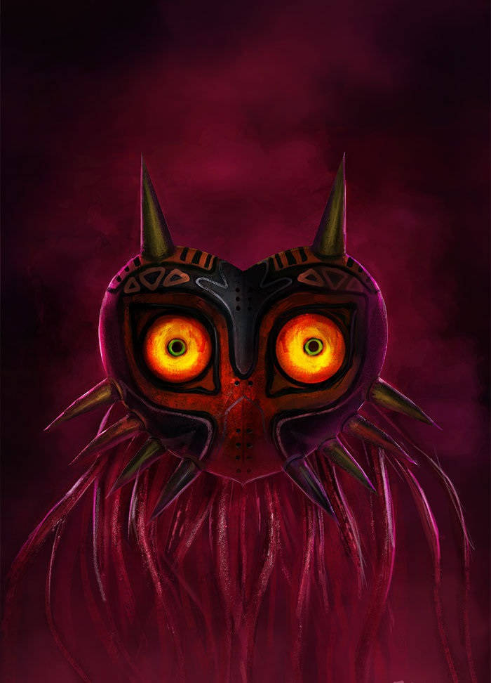 Majora's Mask 桌布 壁紙 — 一個帶有發光橙色眼睛和尖銳尖刺的威脅性紅黑面具，背景是深紫色煙霧。