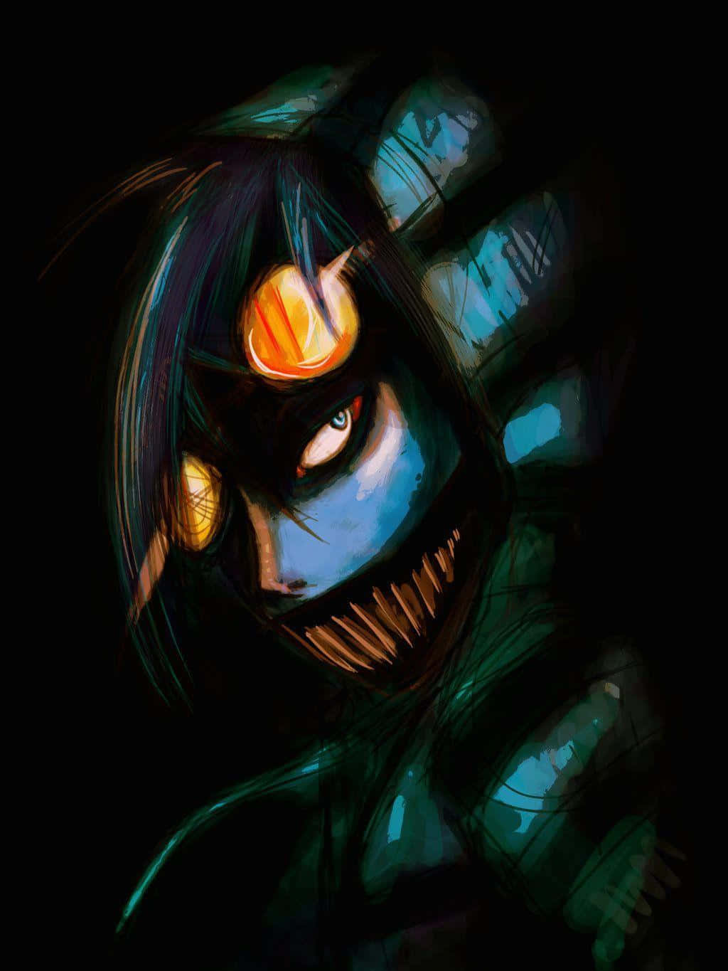 Horror Icons 桌布 壁紙 — 一個帶有發光橙色眼睛和尖銳牙齒的威脅性動漫角色，在黑暗背景下強烈凝視。