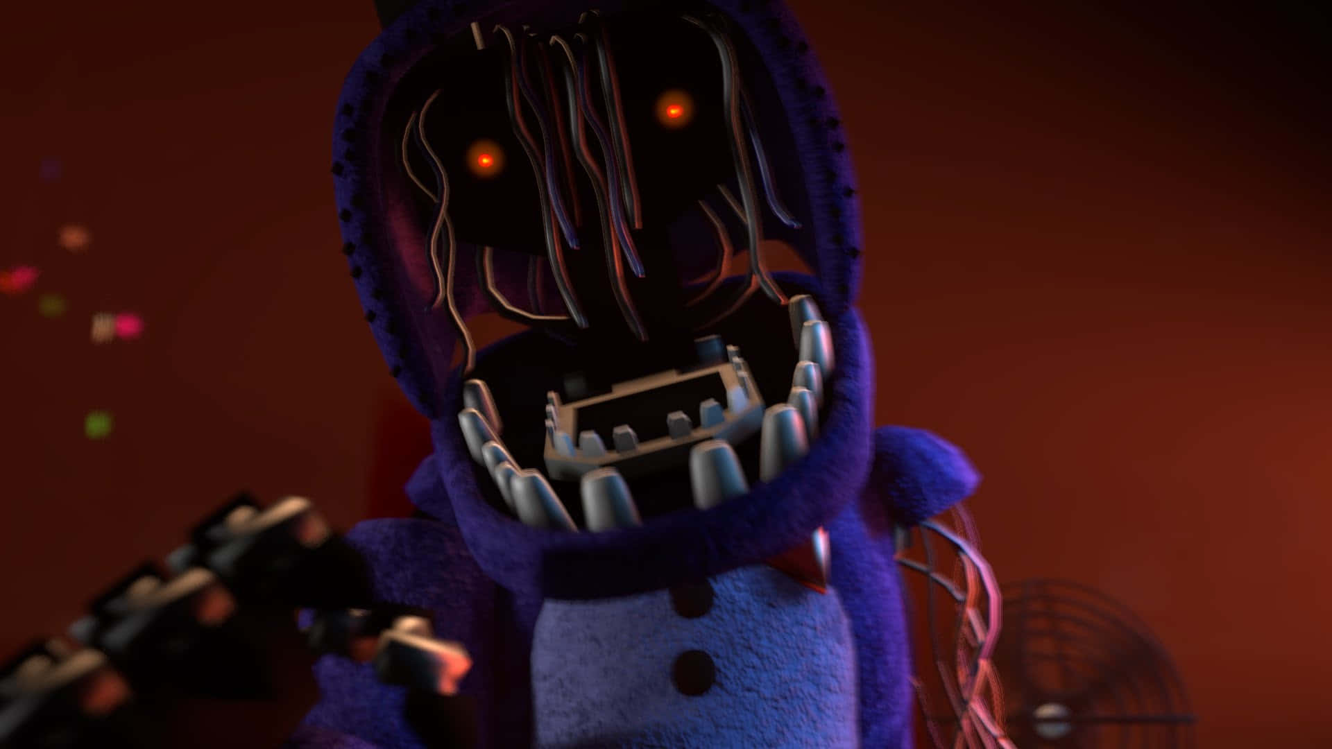 Fnaf Jumpscare 桌布 壁紙 — 一個帶有發光橙色眼睛和尖銳牙齒的威脅性紫色電子動畫人物，在深紅色背景上若隱若現。