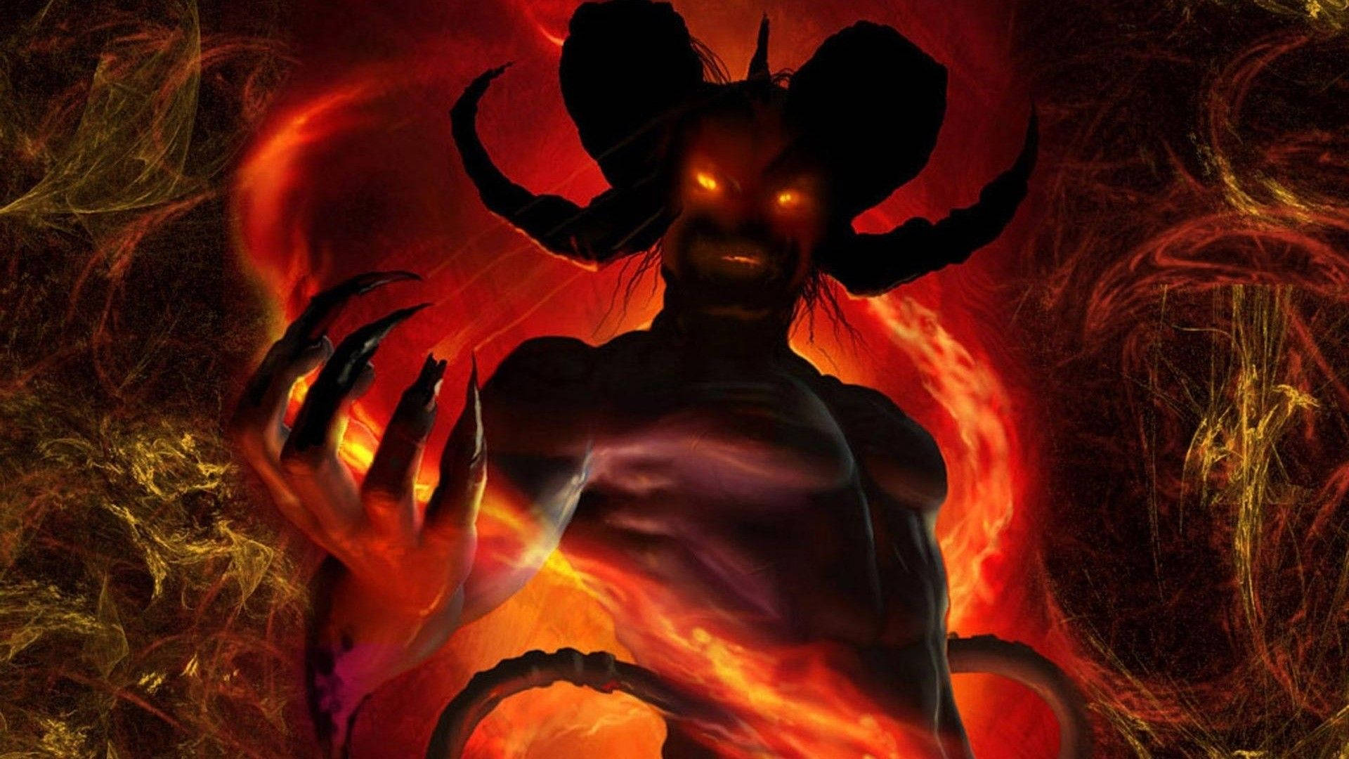 從火焰中出現的帶有發光眼睛和利爪的火焰惡魔。 — 惡魔 壁紙