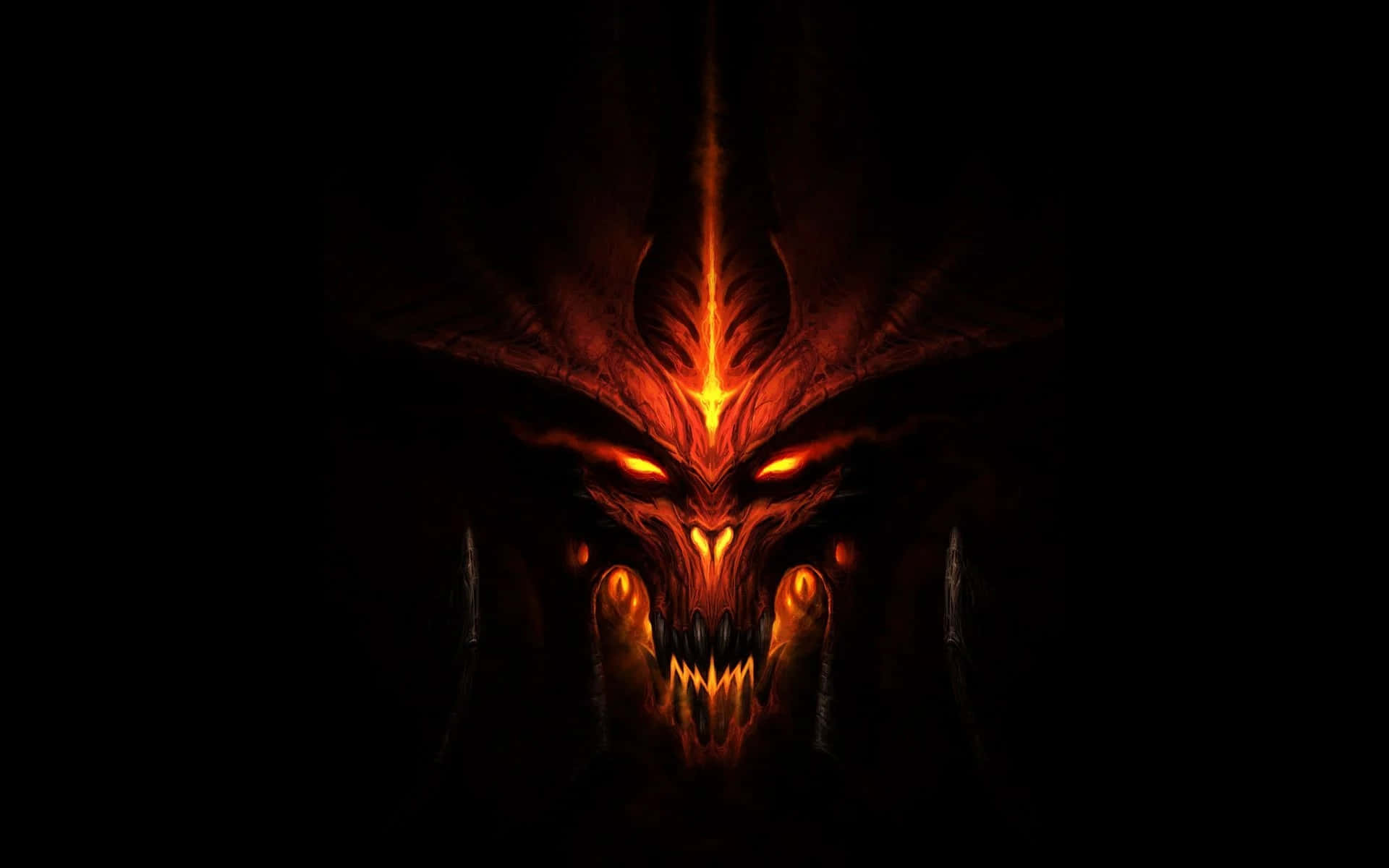 黑色背景上帶有發光眼睛的火焰惡魔面孔 — 惡魔 壁紙