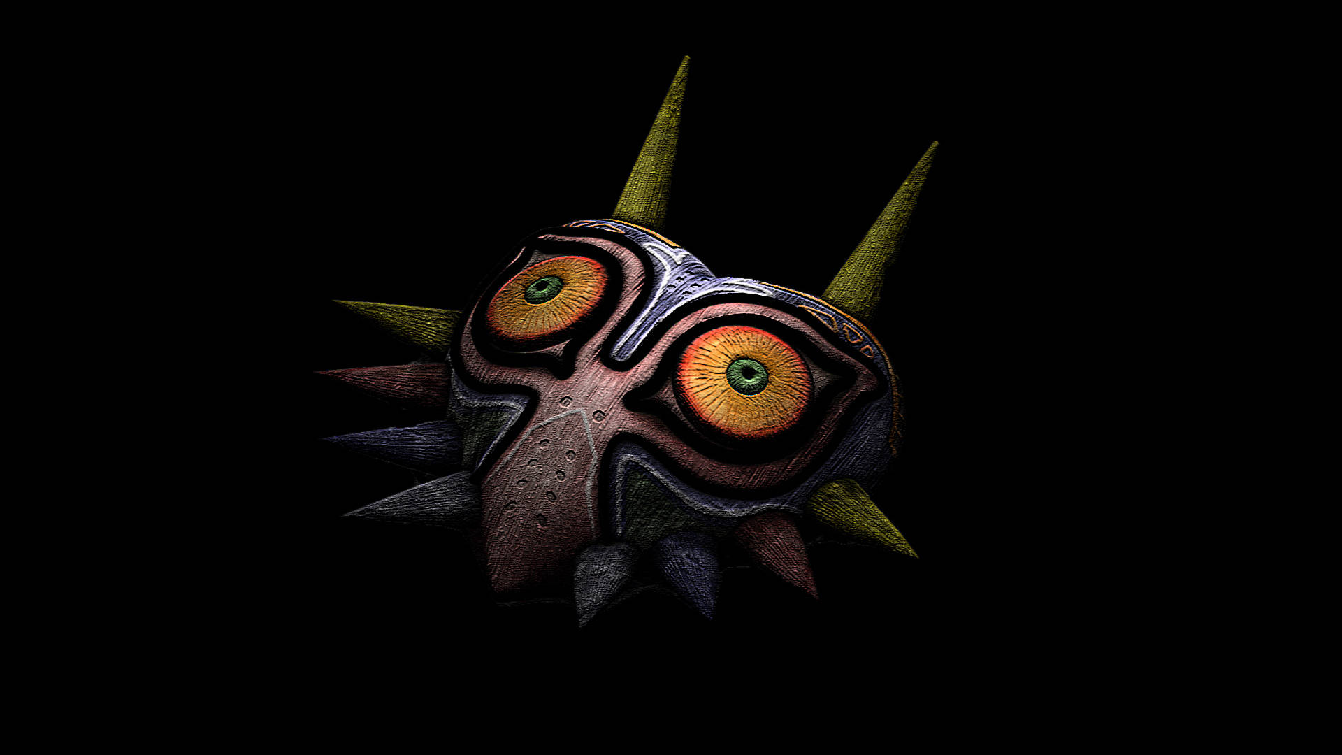 Majora's Mask 桌布 壁紙 — 一個帶有發光橙色眼睛和綠色尖刺的威脅性古代面具，在漆黑的背景下發光。