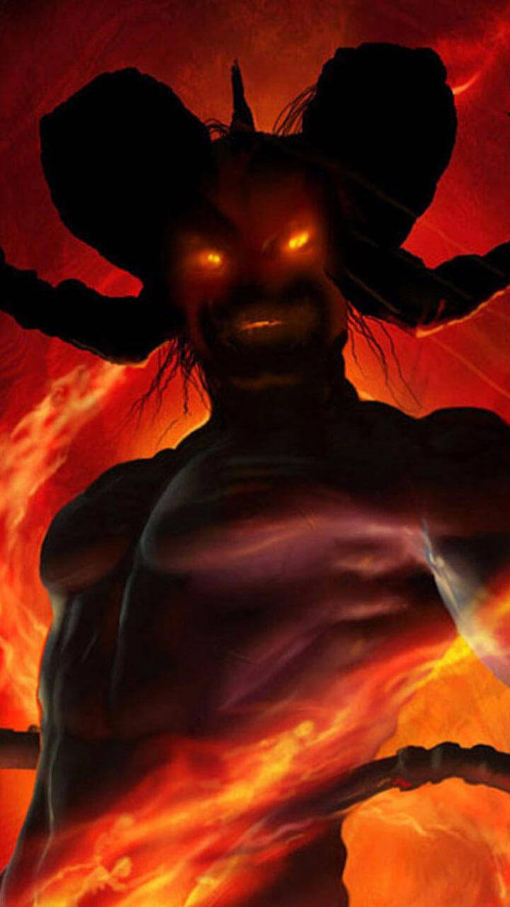 酷炫惡魔 桌布 壁紙 — 一個帶有發光橙色眼睛和角的威脅性惡魔形象從旋轉的火焰中出現，背景是火紅色的。