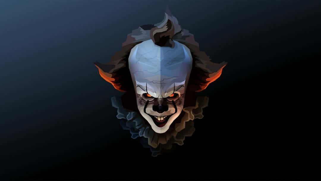 Minimalist Halloween 桌布 壁紙 — 一個帶有發光橙色眼睛和邪惡笑容的威脅性小丑從黑暗背景中浮現。