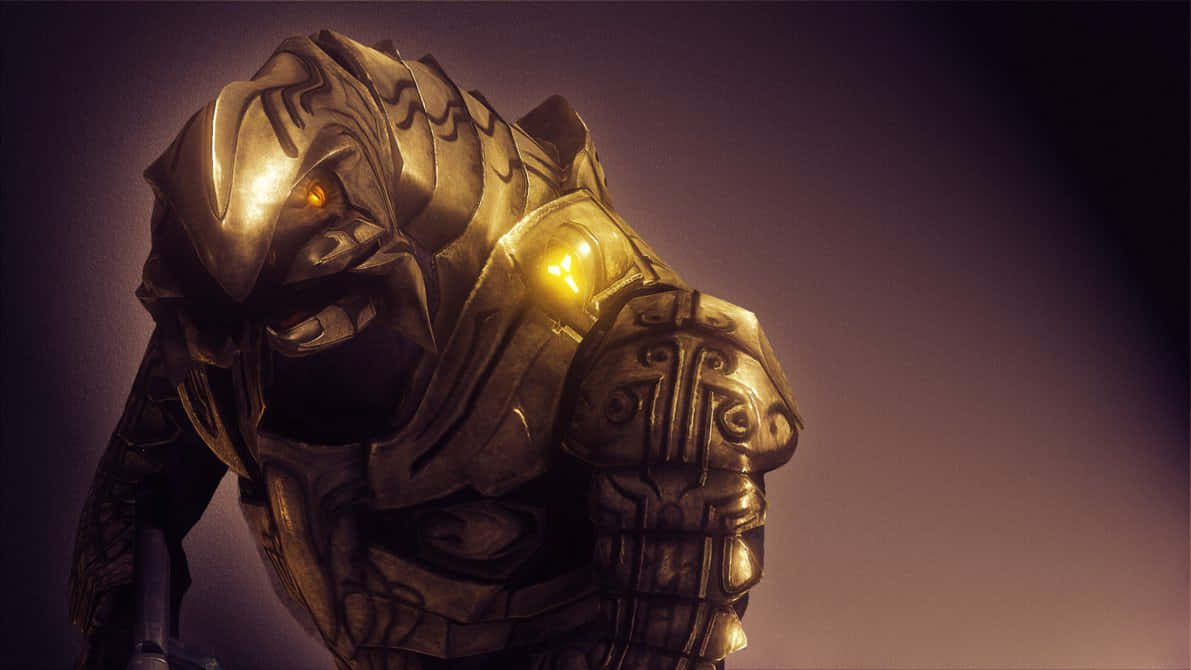 Halo Arbiter 桌布 壁紙 — 一個帶有發光橙色眼睛和金色肩燈的威脅性裝甲戰士，站在昏暗的紫色光線中。