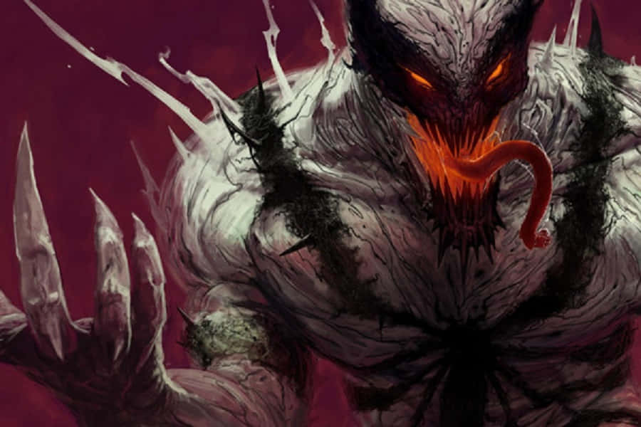 Venom Logo 桌布 壁紙 — 一個帶有發光橙色眼睛和鋒利爪子的威脅性共生生物，在深紅色背景上向前猛撲。