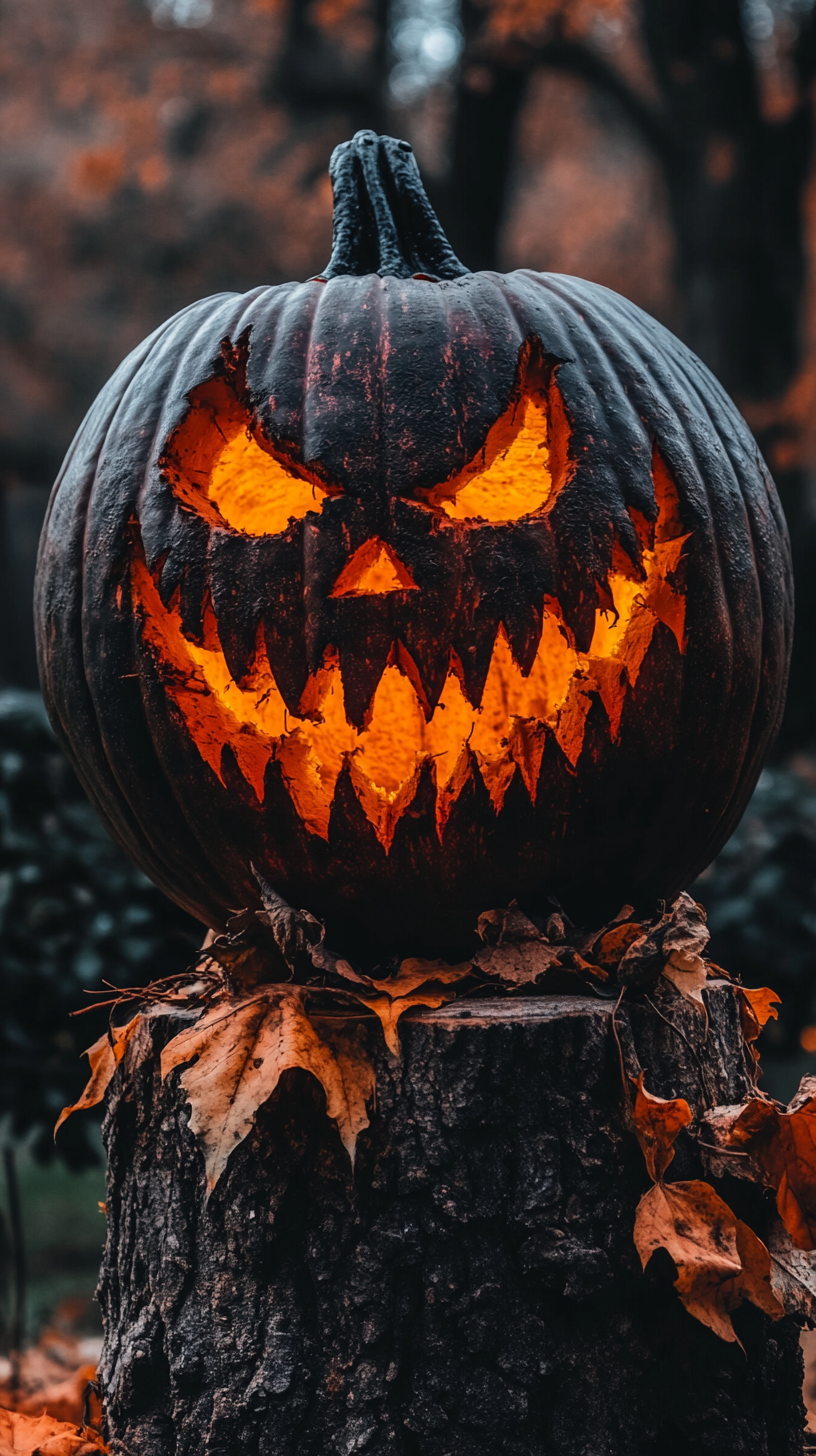Horror Aesthetic 桌布 壁紙 — 一個帶有發光橙色眼睛和鋸齒狀牙齒的可怕雕刻南瓜，坐在長滿青苔的樹樁上，周圍環繞著秋葉。
