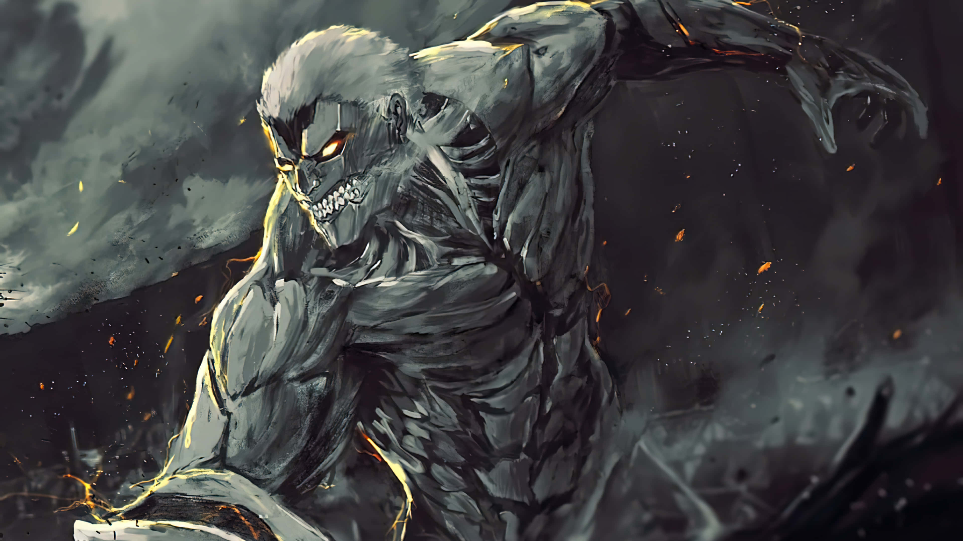 Armored Titan 桌布 壁紙 — 一個帶有發光橙色眼睛和骷髏特徵的威脅性巨人，在黑暗煙霧和火花中向前猛撲。