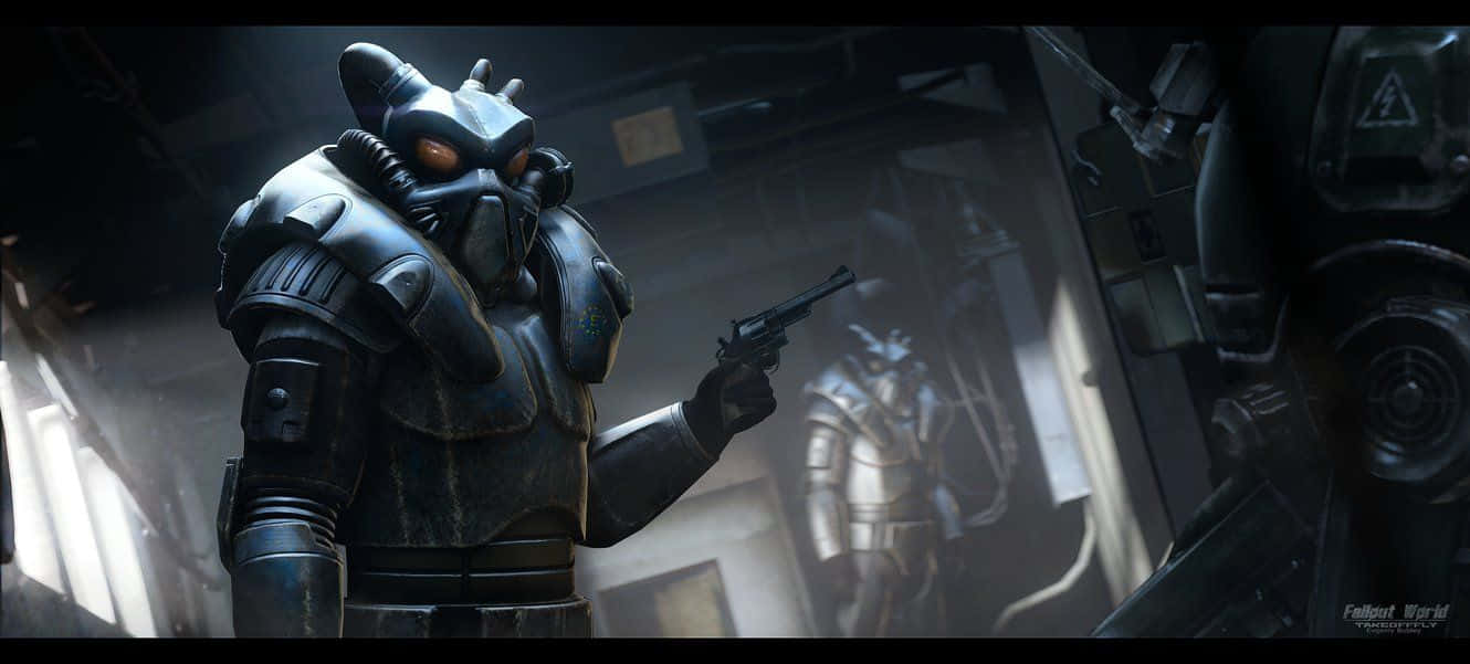 Fallout Enclave 桌布 壁紙 — 一個帶有發光橙色眼睛的威脅性裝甲人物在昏暗、骯髒的工業走廊中手持手槍。