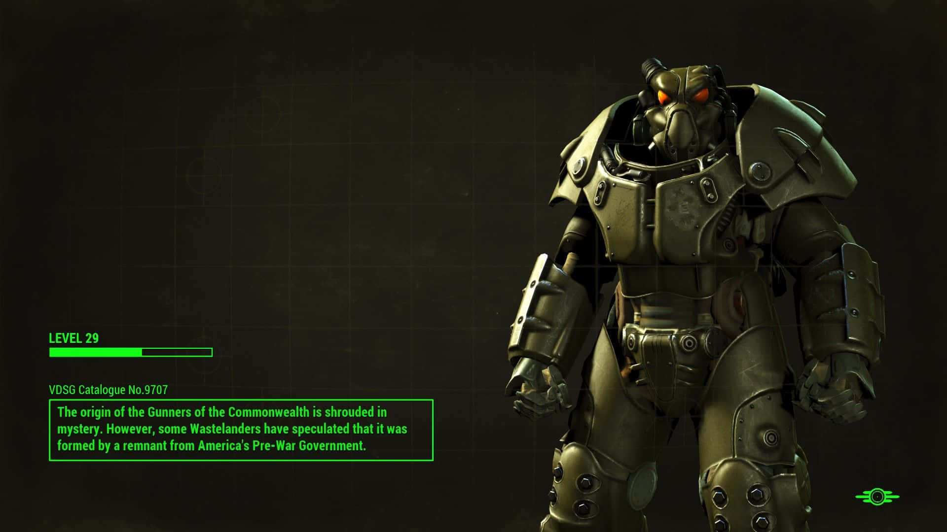 Fallout Enclave 桌布 壁紙 — 一個帶有發光橙色眼睛的威脅性裝甲廢土流浪者站在帶有綠色遊戲UI文字的暗色網格背景前。