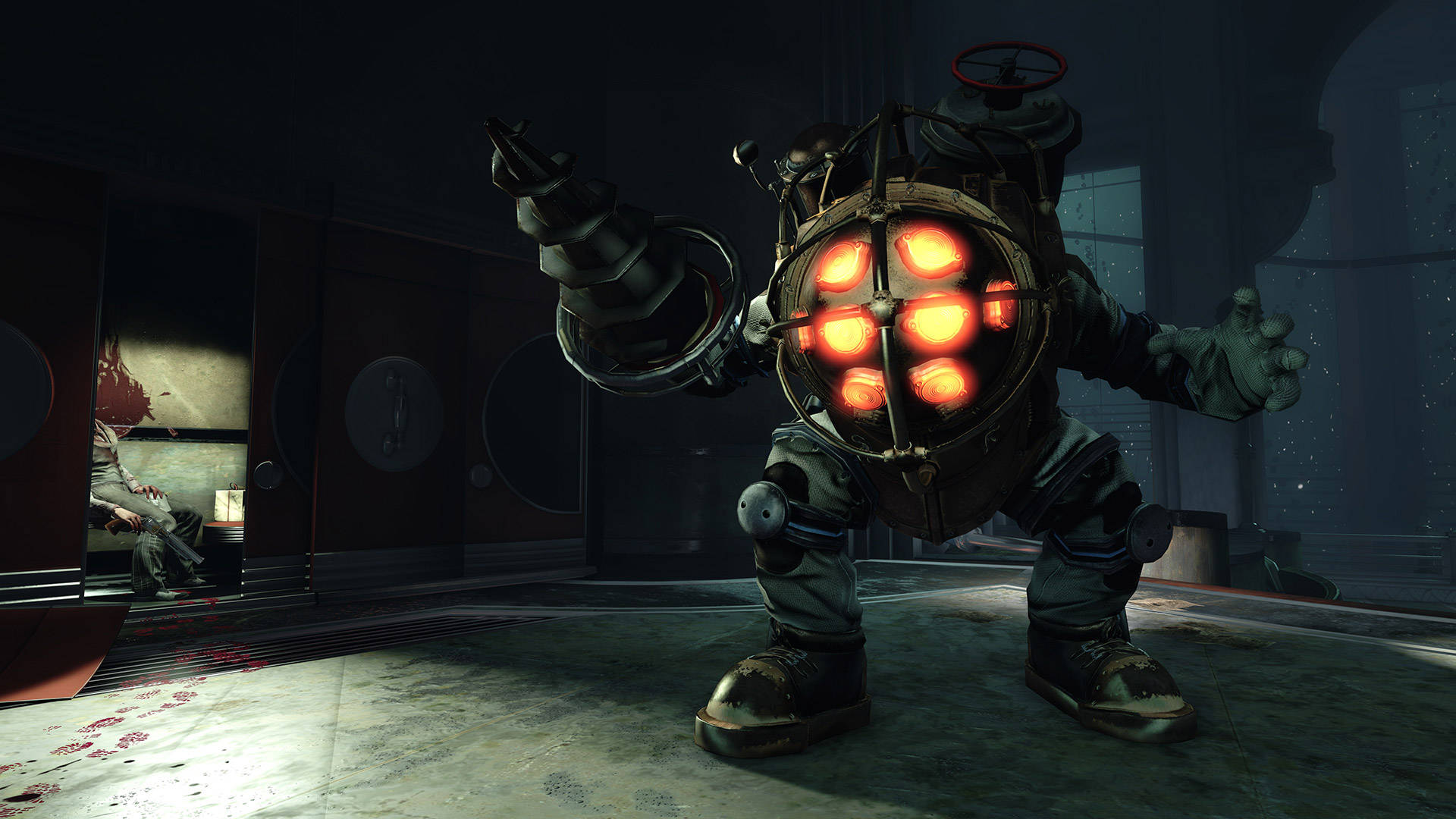 Bioshock Infinite Desktop 桌布 壁紙 — 一個帶有發光橙色眼睛的威脅性裝甲機器人站在一個昏暗、血跡斑斑的工業房間裡。