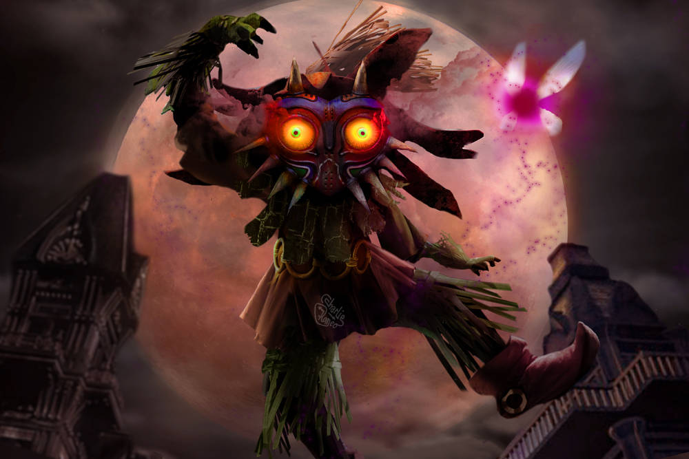 Majora's Mask 桌布 壁紙 — 一個帶有發光橙色眼睛的威脅性面具生物站在黑暗哥德式城市景觀中的巨大月亮前。