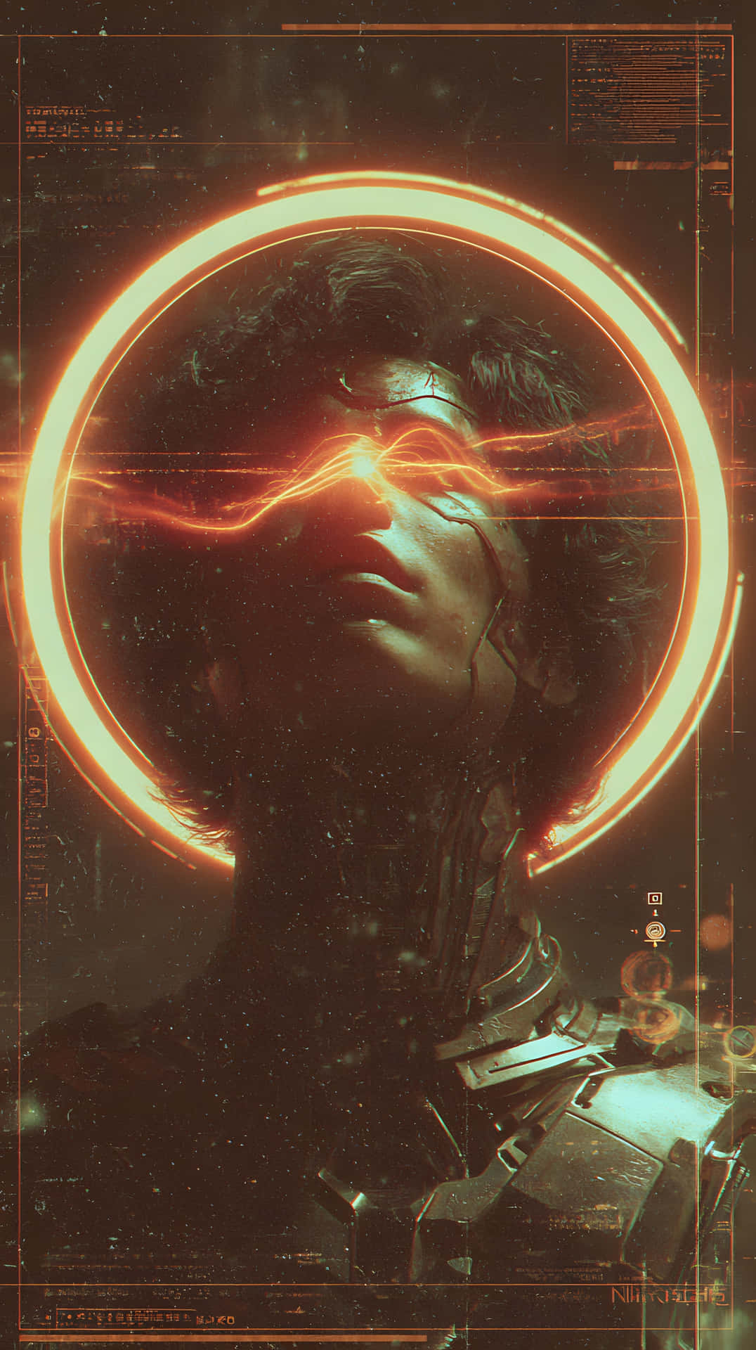 Neon ring cyberpunk face orange glow 壁紙 — 一個帶有發光橙色神經線的賽博格人形在發光環內拱起，背景是黑暗的數位介面。
