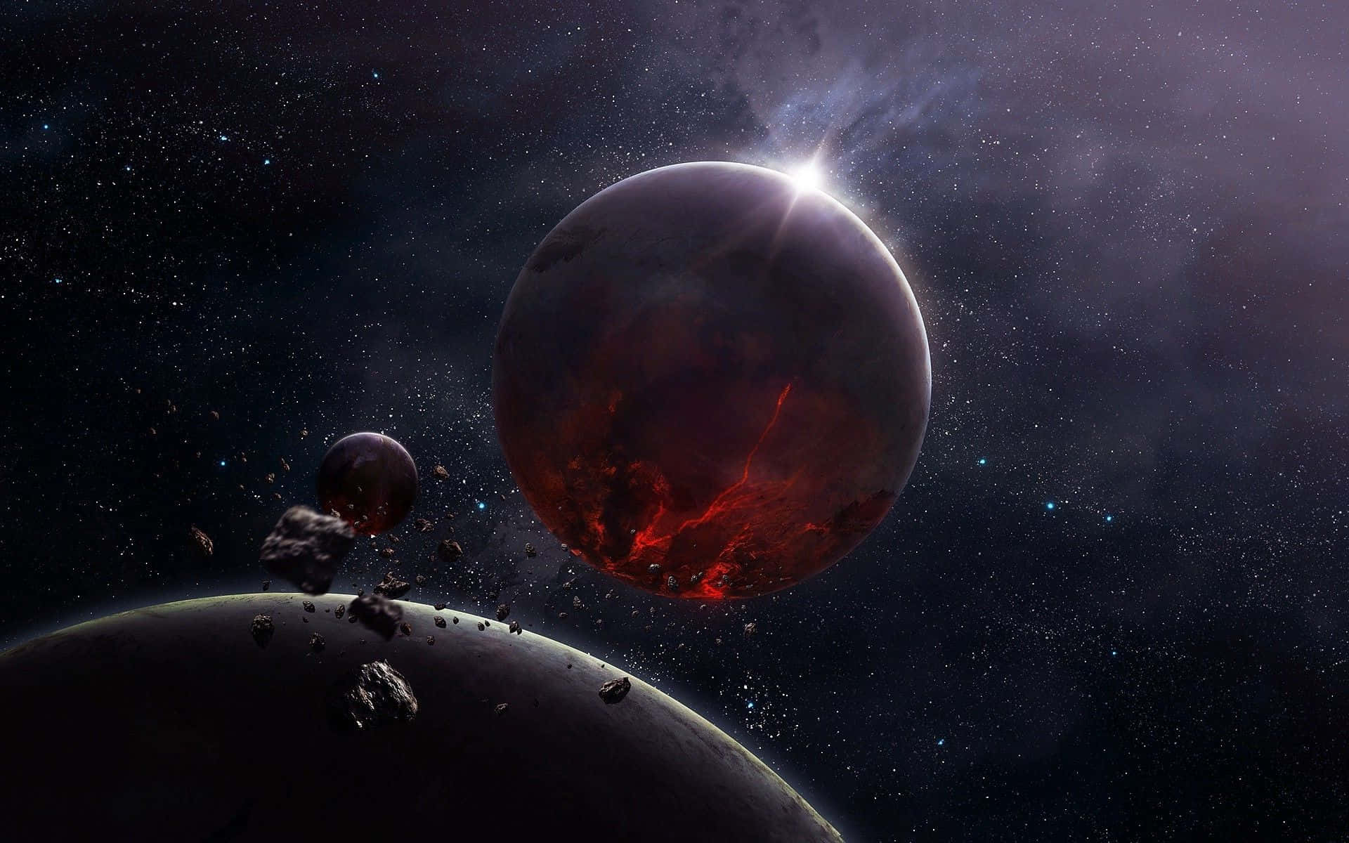 月亮與星星 桌布 壁紙 — 一個帶有發光熔岩裂縫的火紅行星，主宰著一個有小行星和遙遠太陽的星空宇宙場景。