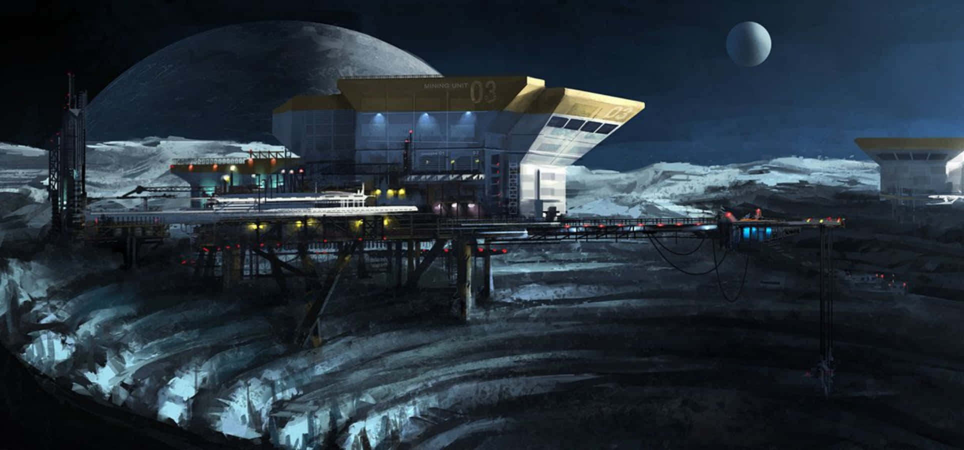 Space Mining 桌布 壁紙 — 一個帶有發光燈光的未來太空站，矗立在佈滿隕石坑的月球表面，天空漆黑並有兩個月亮。