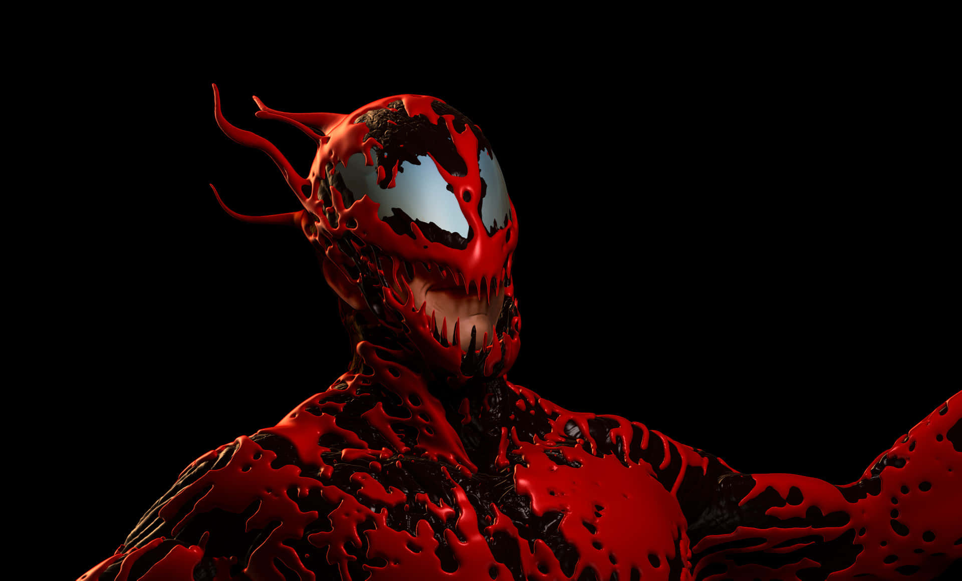 Maximum Carnage 桌布 壁紙 — 一個帶有發光白色眼睛和尖銳牙齒的威脅性紅黑共生生物，背景為黑色。