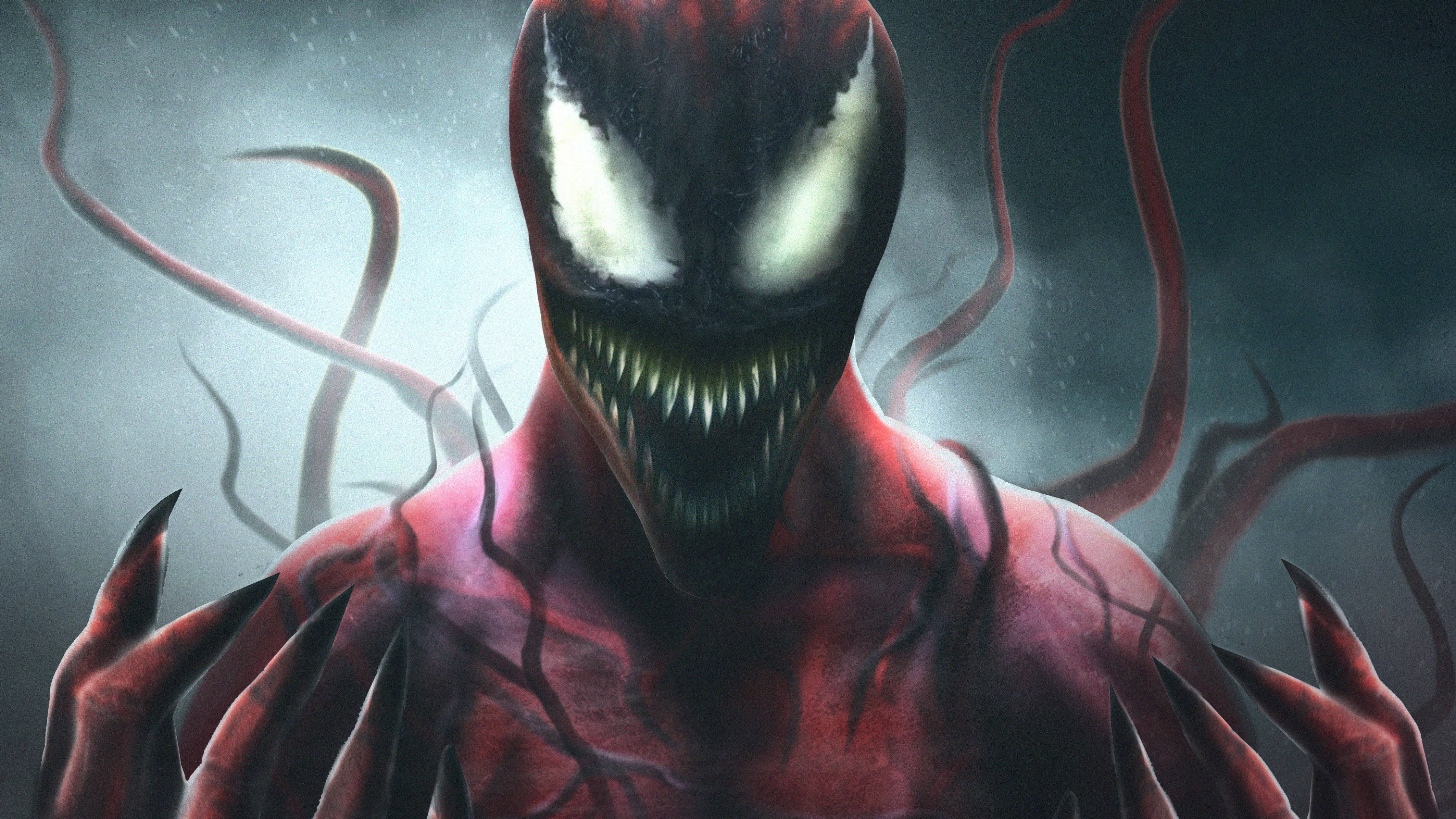 Carnage 桌布 壁紙 — 一個帶有發光白色眼睛和尖銳牙齒的威脅性紅色共生體生物，在黑暗暴風雨背景下若隱若現。