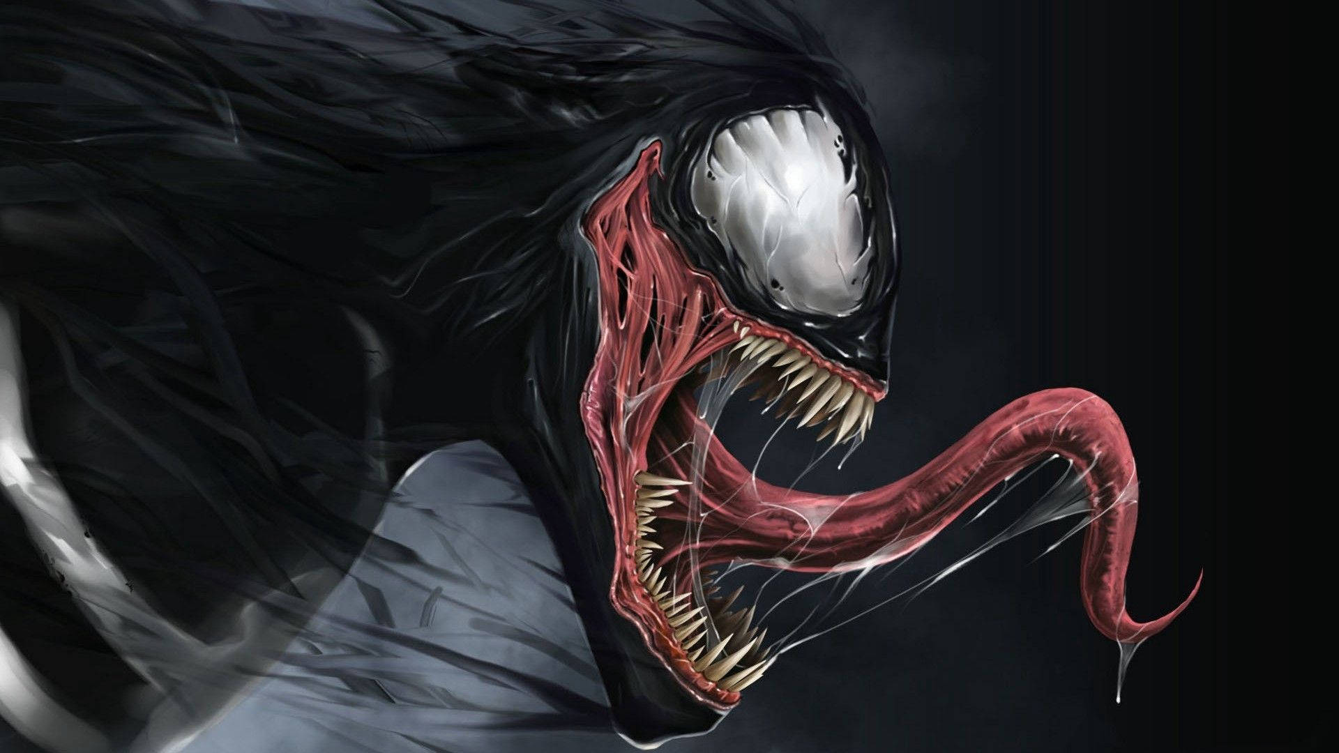 猛毒 桌布 壁紙 — 一個帶有發光白色眼睛和尖銳牙齒的威脅性猛毒，在黑暗背景前向前猛撲。