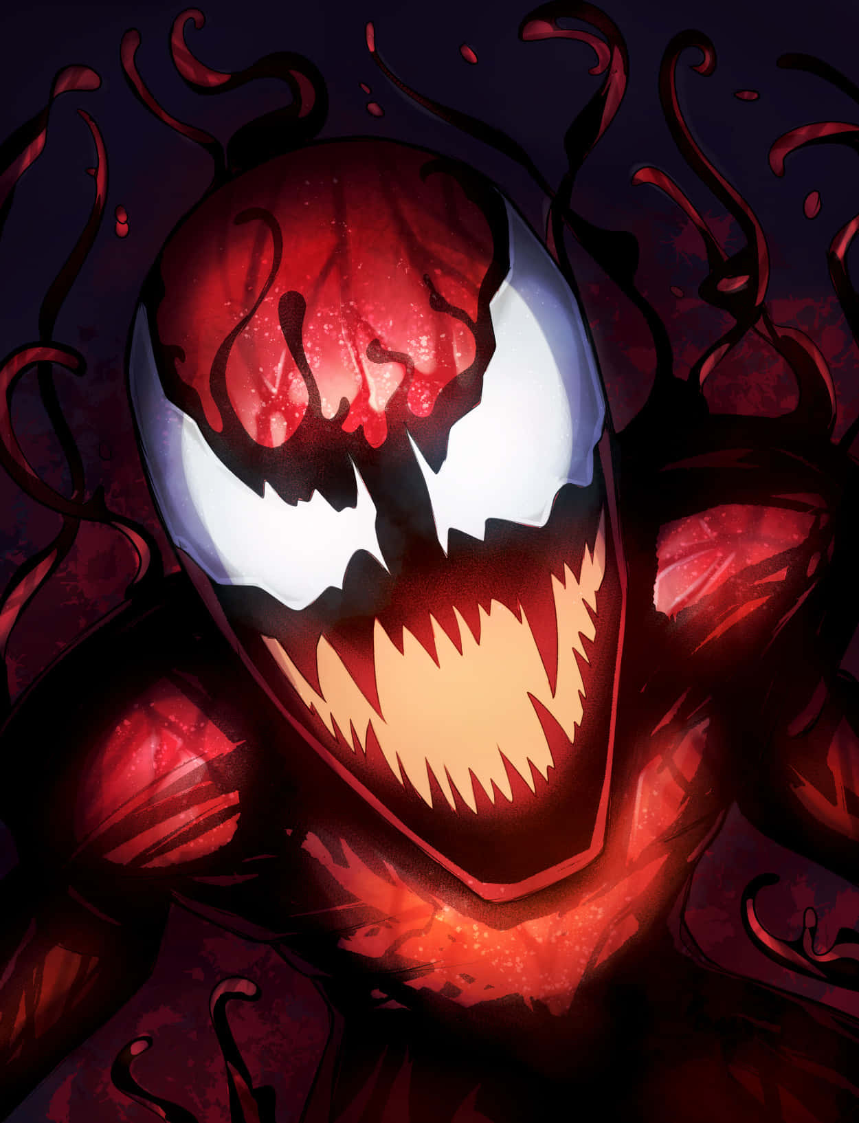 Maximum Carnage 桌布 壁紙 — 一個帶有發光白色眼睛和尖銳牙齒的威脅性紅色共生體，在黑暗背景中咆哮。