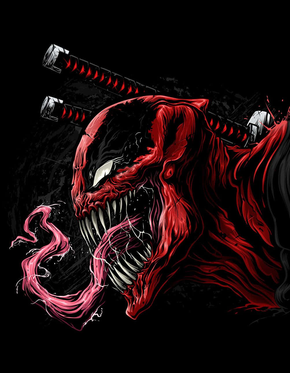 Venomized 桌布 壁紙 — 一個帶有發光白色眼睛和尖銳牙齒的威脅性紅色毒液，在黑色背景前咆哮，頭後有兩把武士刀。