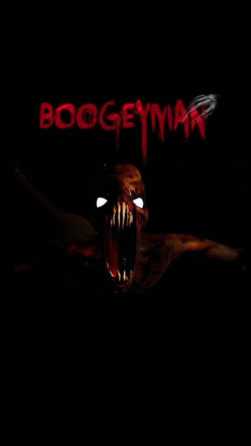 horror villains 桌布 壁紙 — 一個帶有發光白色眼睛和尖銳牙齒的可怕床底怪獸從黑暗中出現，下方有一個滴血的紅色標題。