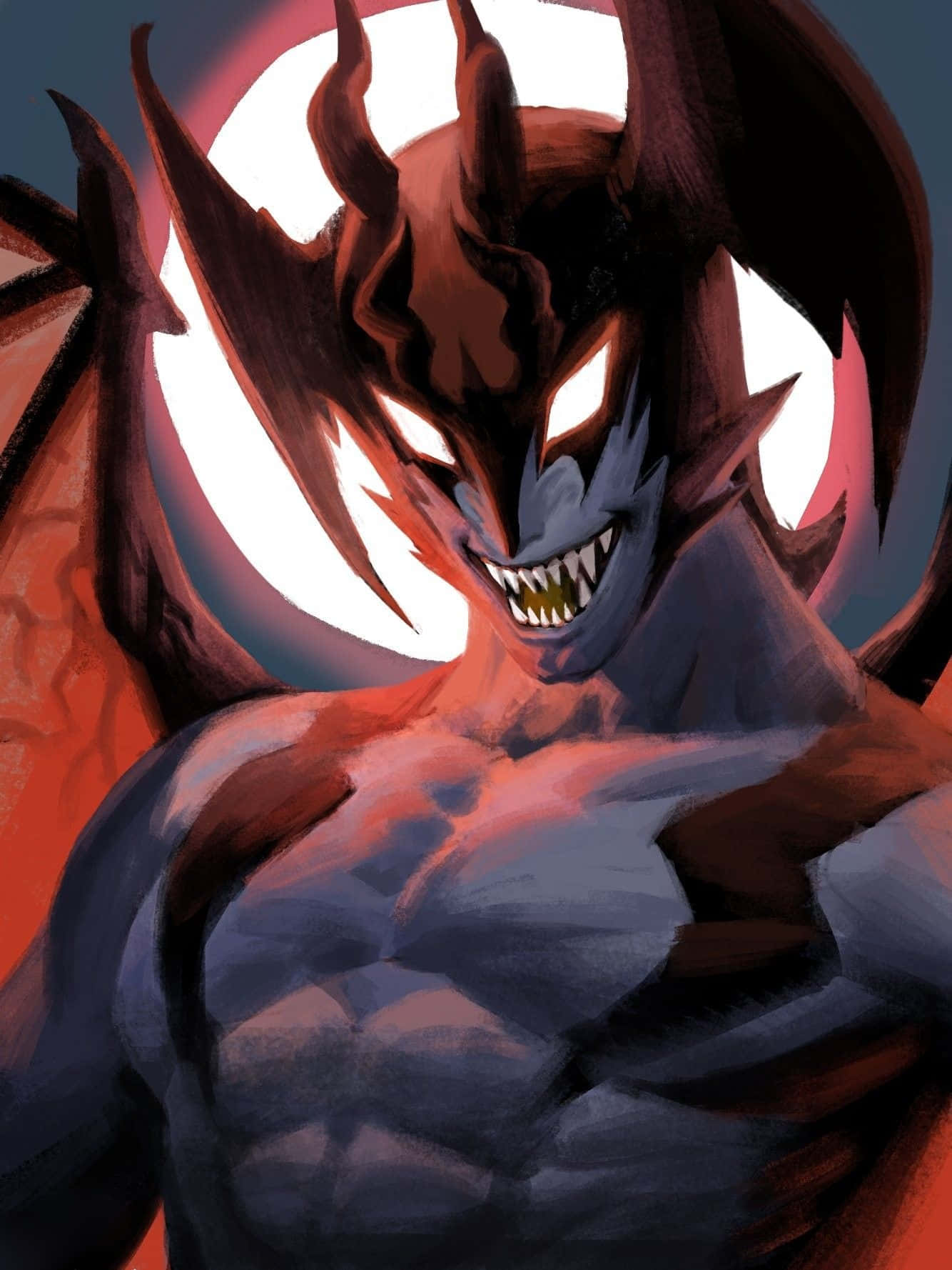Devilman Crybaby 桌布 壁紙 — 一個帶有發光白色眼睛和尖銳牙齒的威脅性惡魔形象，站在火紅和白色的圓形背景前。