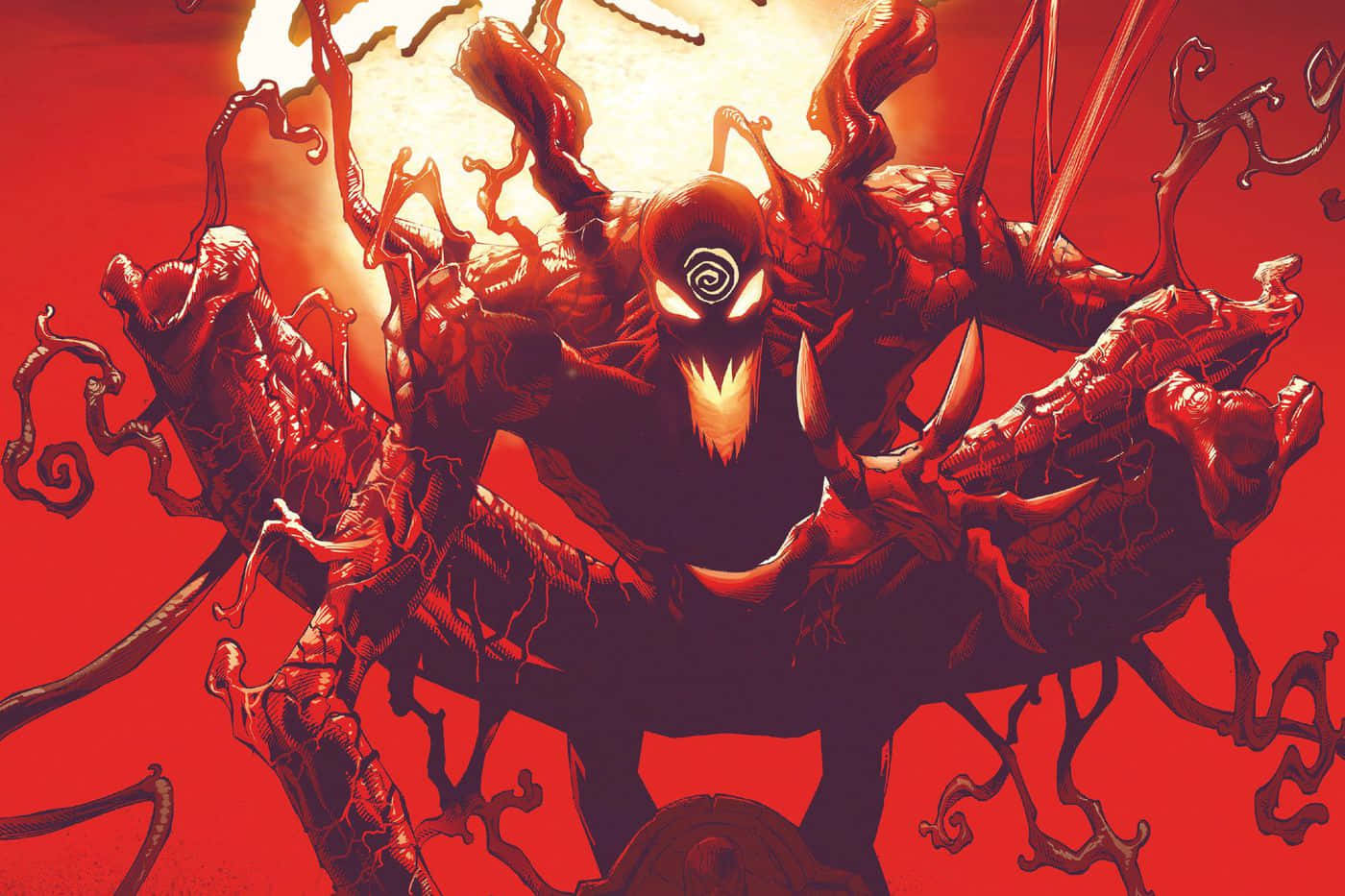 Maximum Carnage 桌布 壁紙 — 一個帶有發光白色眼睛和尖銳牙齒的威脅性紅色共生體生物，在火紅背景下出現。
