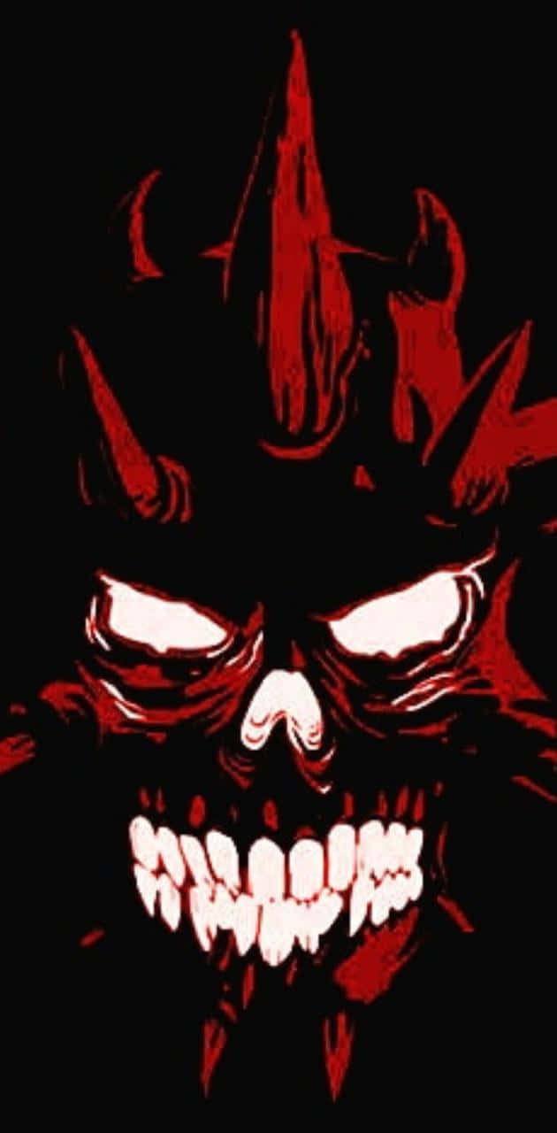 Evil Skull 桌布 壁紙 — 一個帶有發光白色眼睛和尖銳牙齒的威脅性紅色惡魔頭骨，背景為黑色。