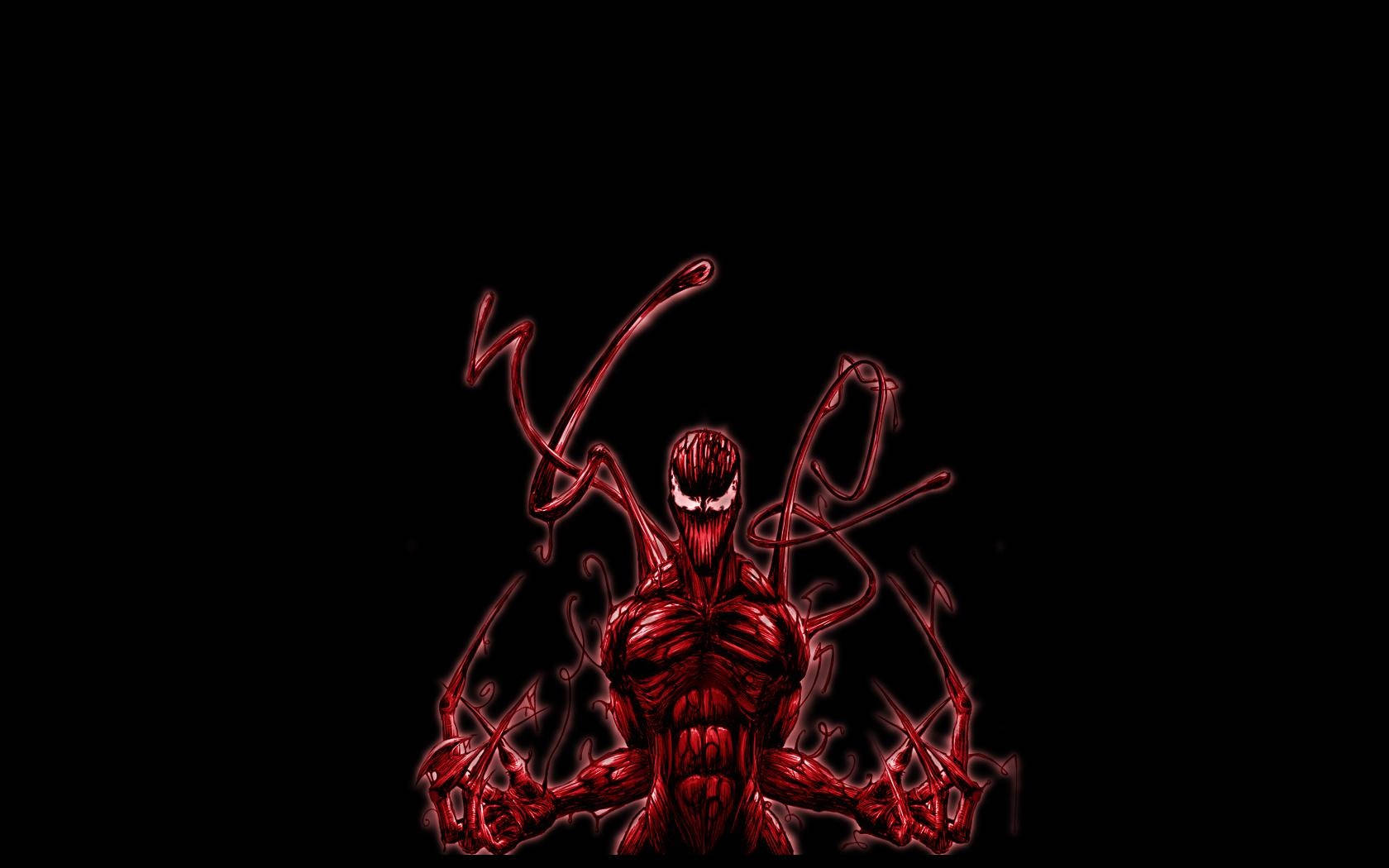 carnage 4K 桌布 壁紙 — 一個帶有發光白色眼睛和扭動觸手的威脅性紅色共生生物，在漆黑的背景下出現。