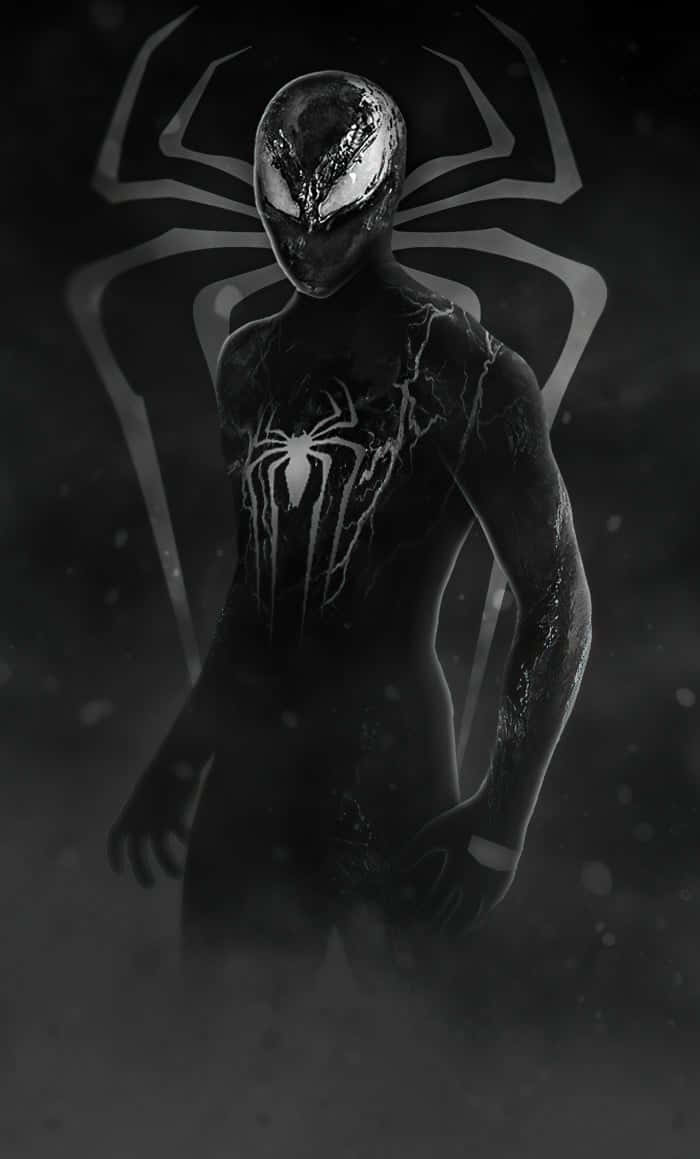 Venomverse 桌布 壁紙 — 一個帶有發光白色眼睛和背後巨大蜘蛛標誌的威脅性黑色共生體蜘蛛人站在陰影迷霧中。