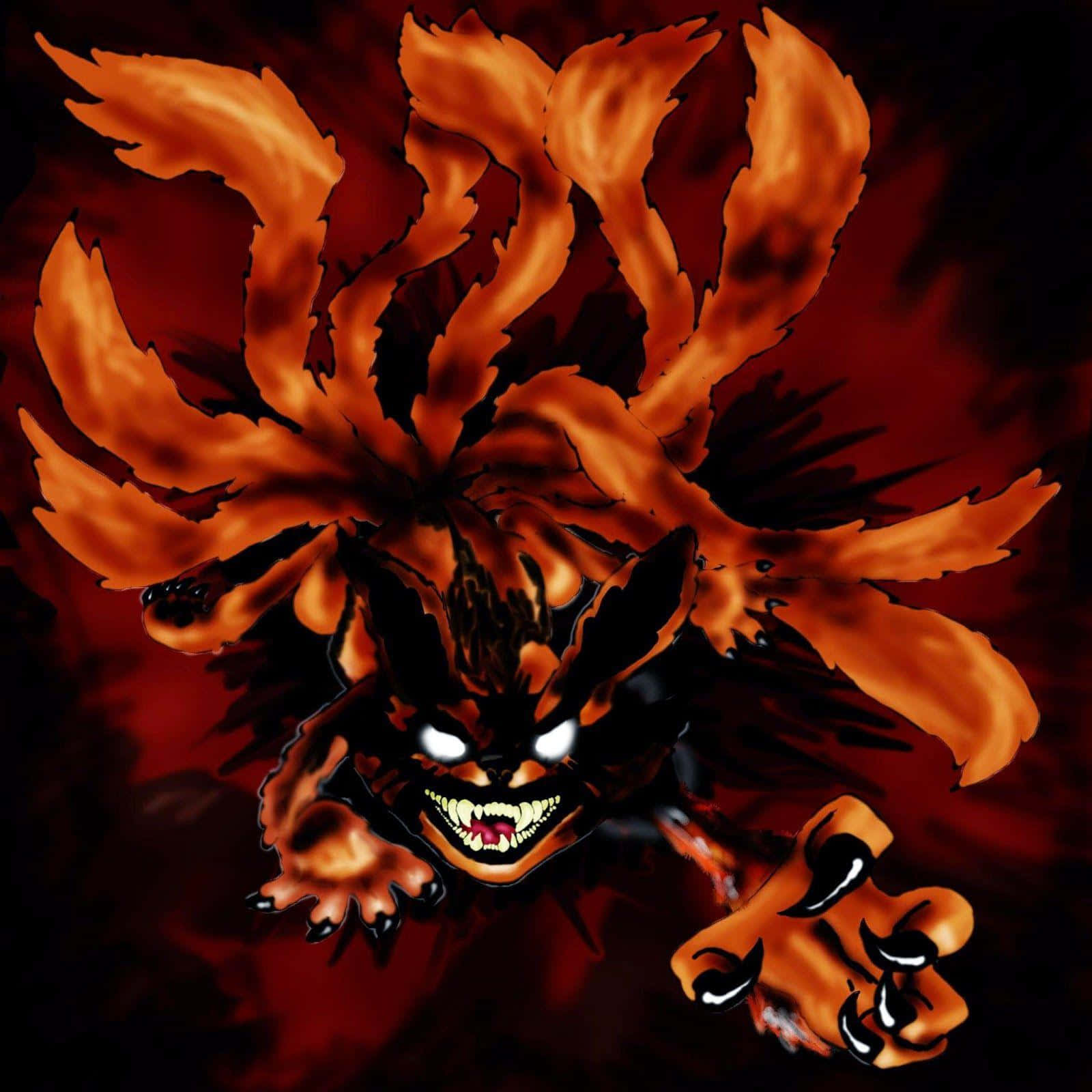 Baby Kurama 桌布 壁紙 — 一個帶有發光白色眼睛和鋒利爪子的兇猛火焰惡魔，在深紅色背景前向前猛撲。